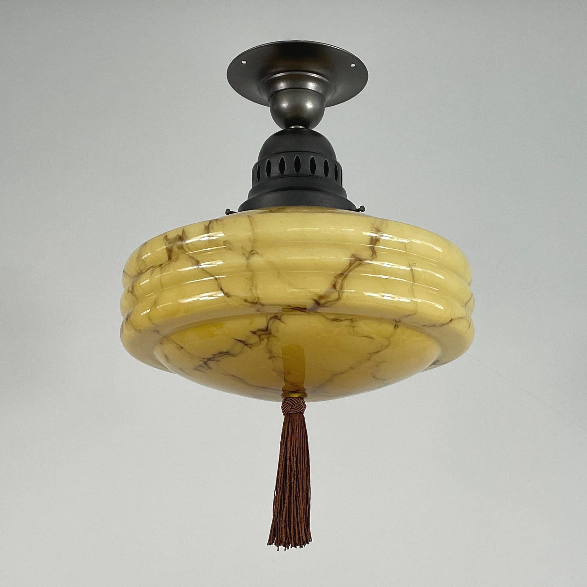 Art Deco Flush Mount, Marbled Opaline Glass & Burnished Metal, Germany 1920s 8