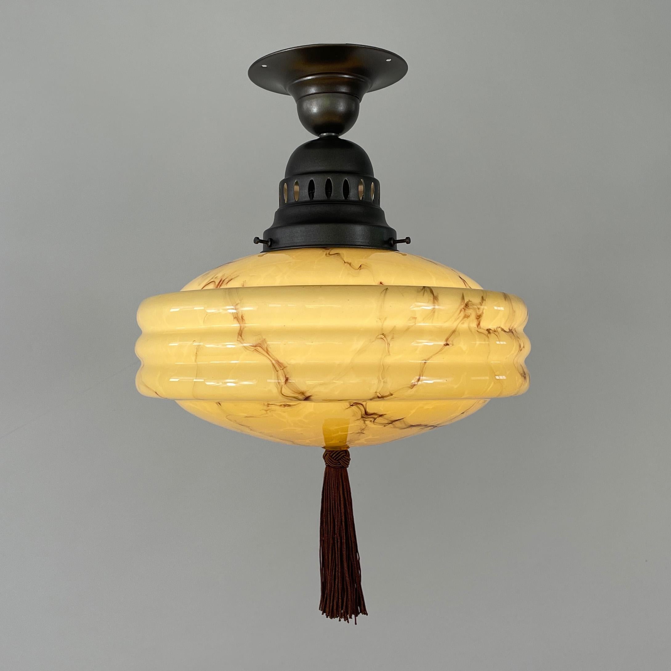 Art Deco Flush Mount, Marbled Opaline Glass & Burnished Metal, Germany 1920s In Good Condition In NUEMBRECHT, NRW
