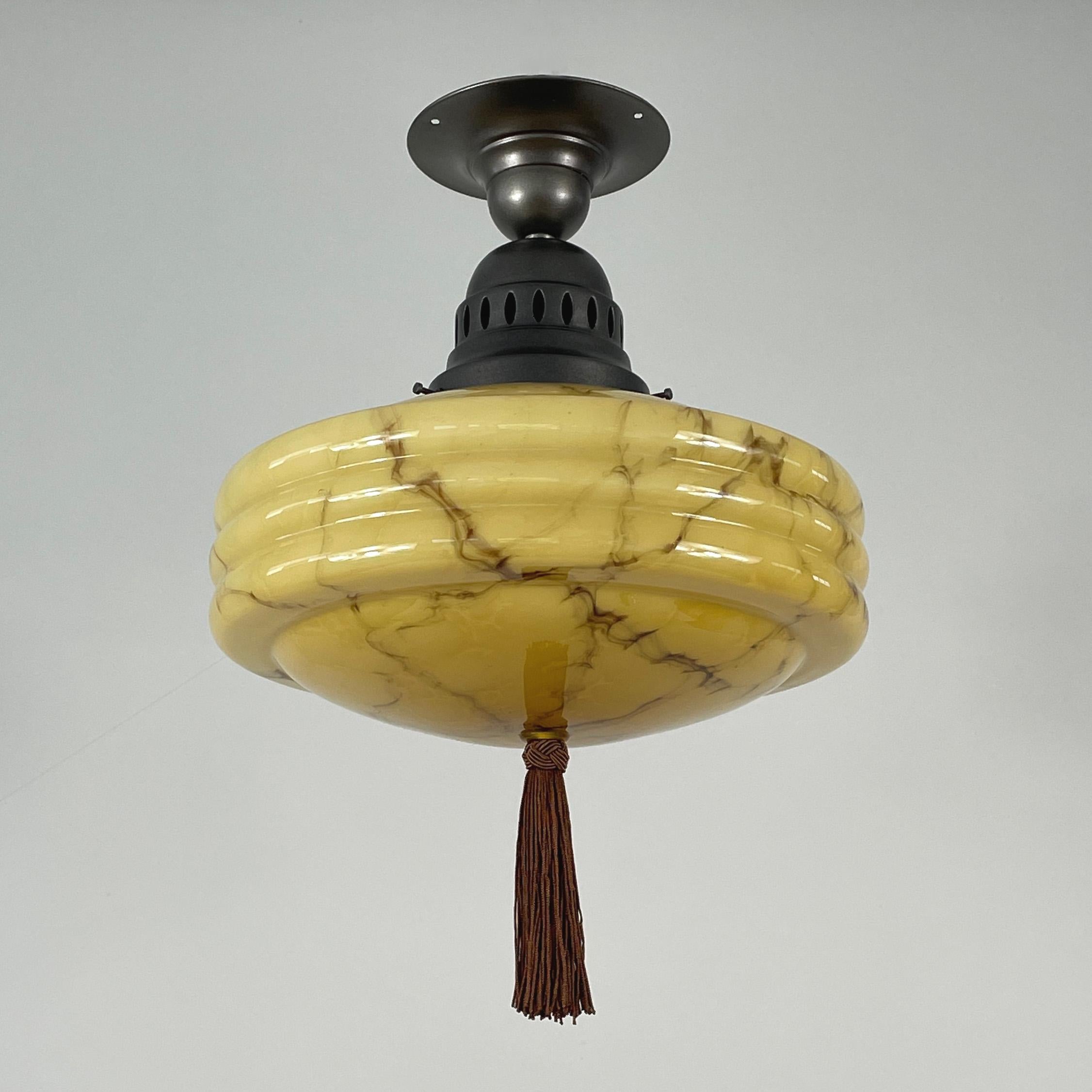 Early 20th Century Art Deco Flush Mount, Marbled Opaline Glass & Burnished Metal, Germany 1920s