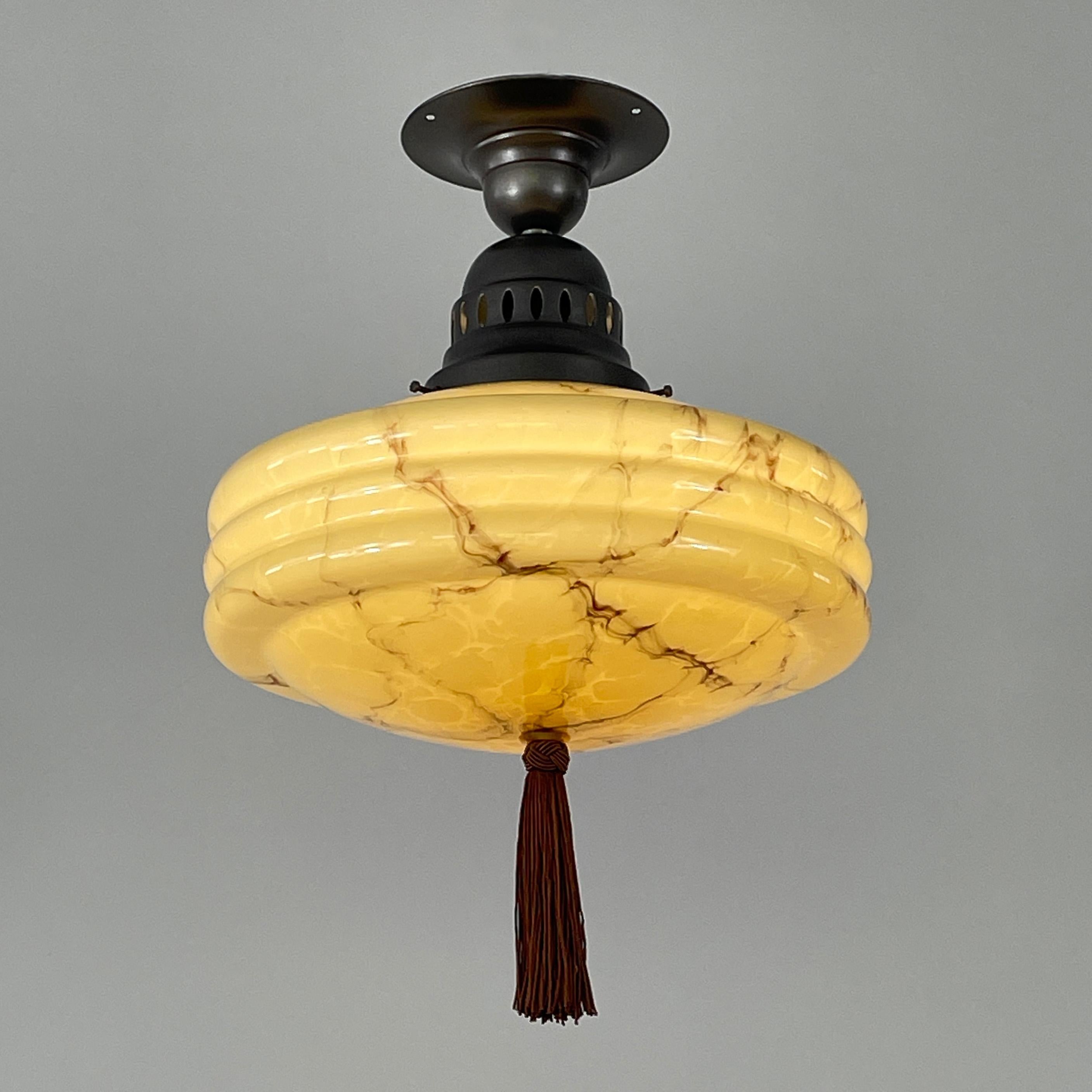 Art Deco Flush Mount, Marbled Opaline Glass & Burnished Metal, Germany 1920s 1