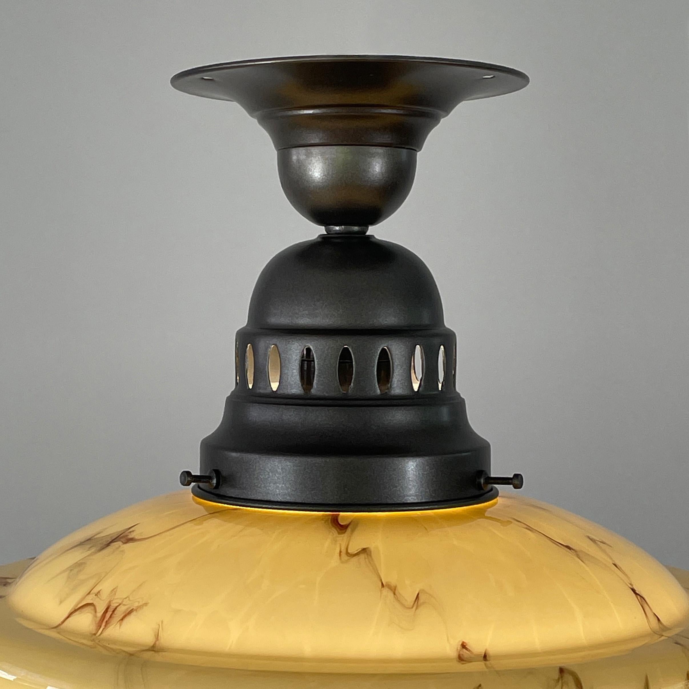 Art Deco Flush Mount, Marbled Opaline Glass & Burnished Metal, Germany 1920s 2