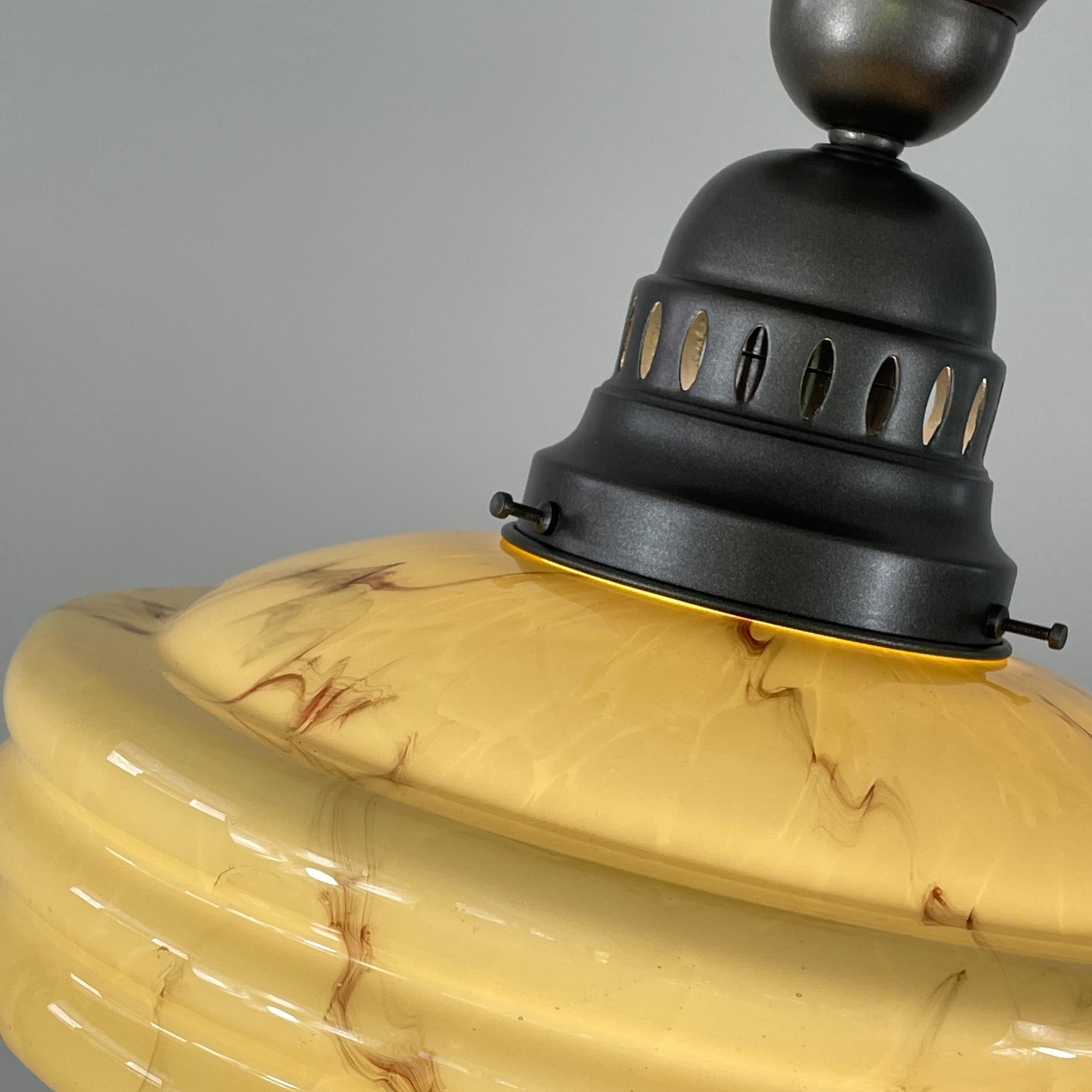 Art Deco Flush Mount, Marbled Opaline Glass & Burnished Metal, Germany 1920s 4