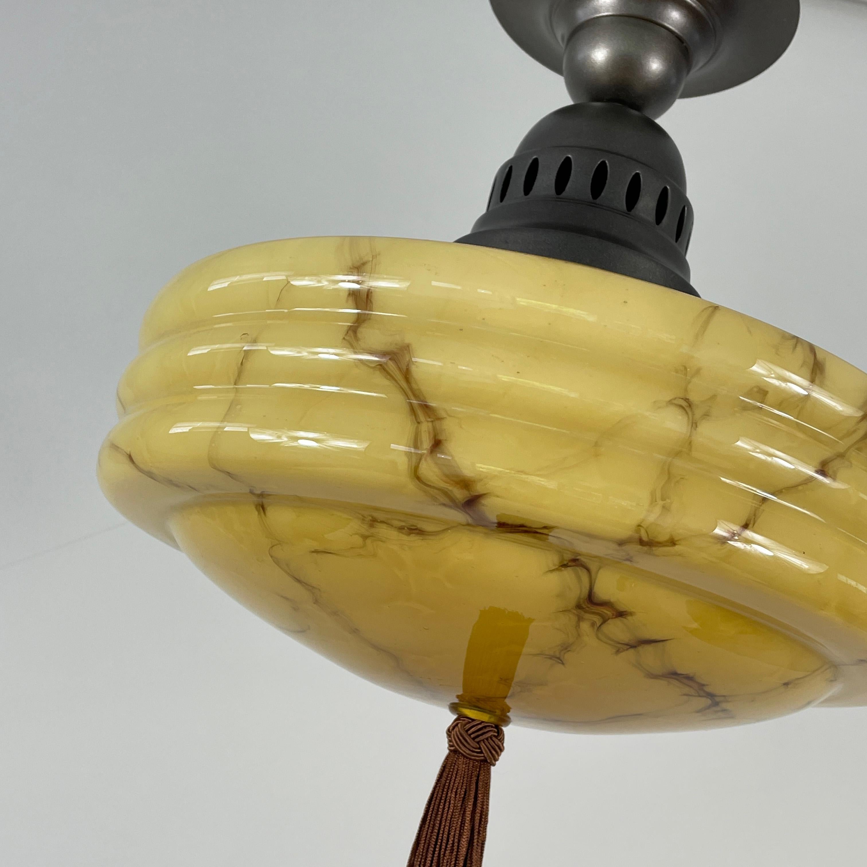 Art Deco Flush Mount, Marbled Opaline Glass & Burnished Metal, Germany 1920s 5