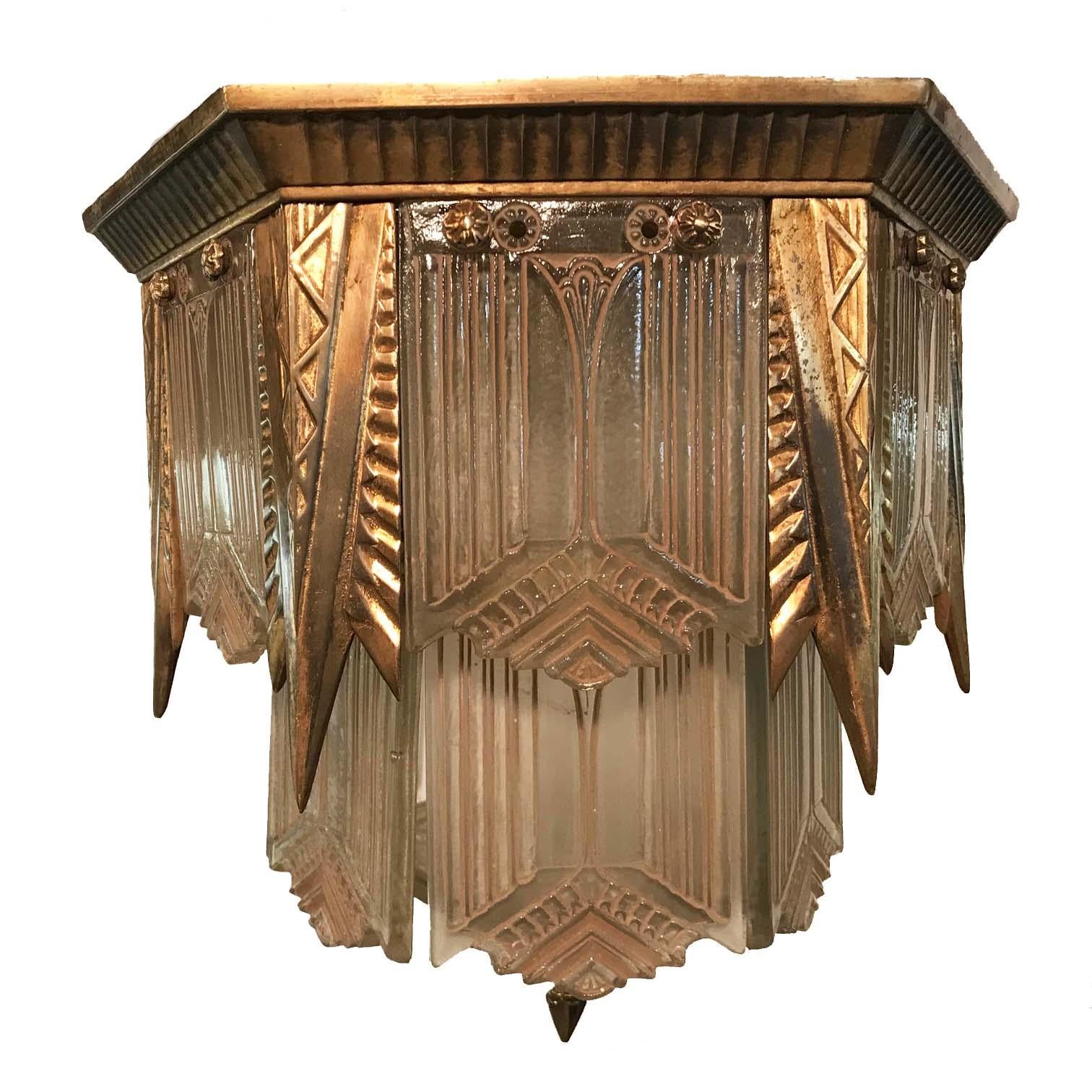 American Art Deco Flush Mount Molded Glass Panel Hall Lantern For Sale