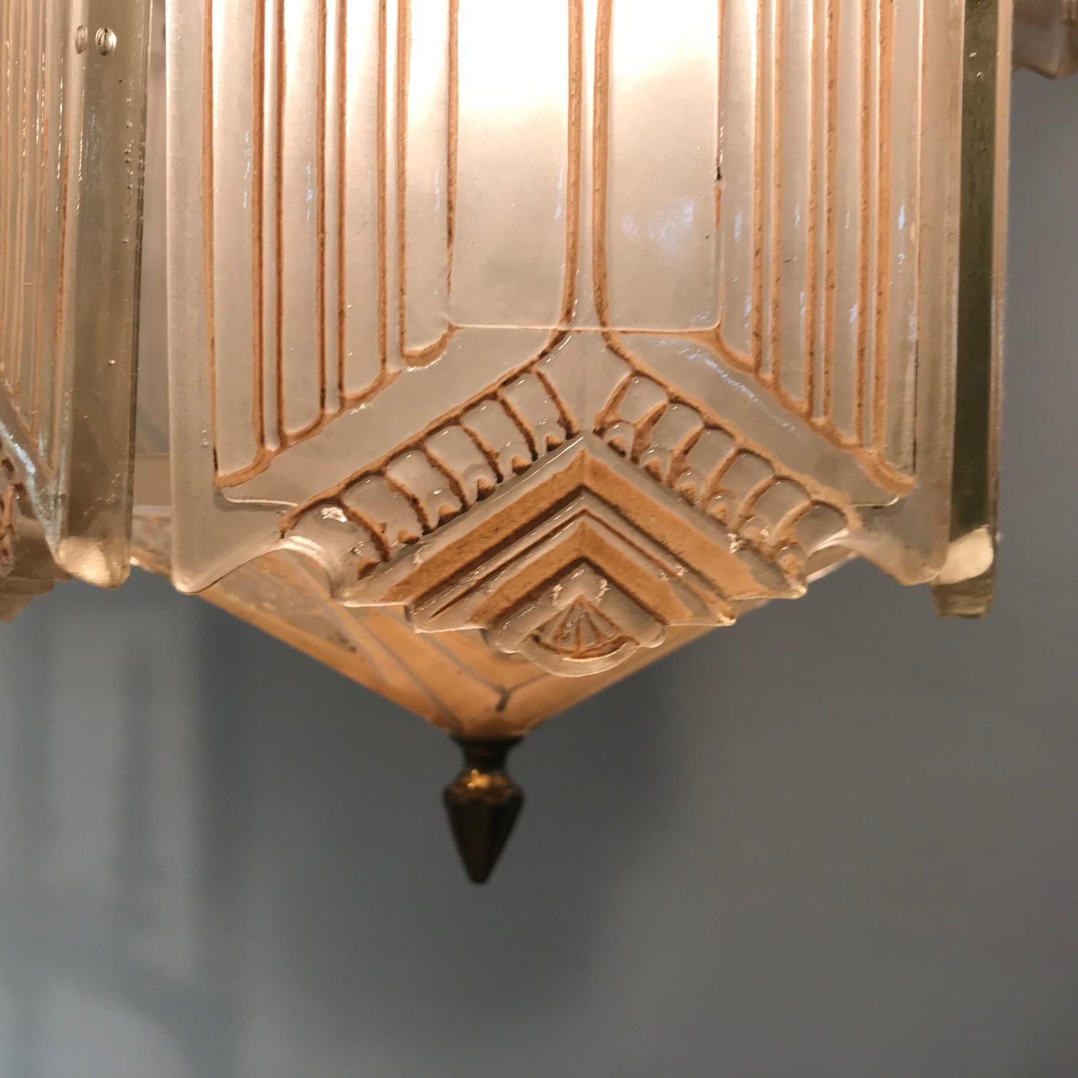 20th Century Art Deco Flush Mount Molded Glass Panel Hall Lantern For Sale