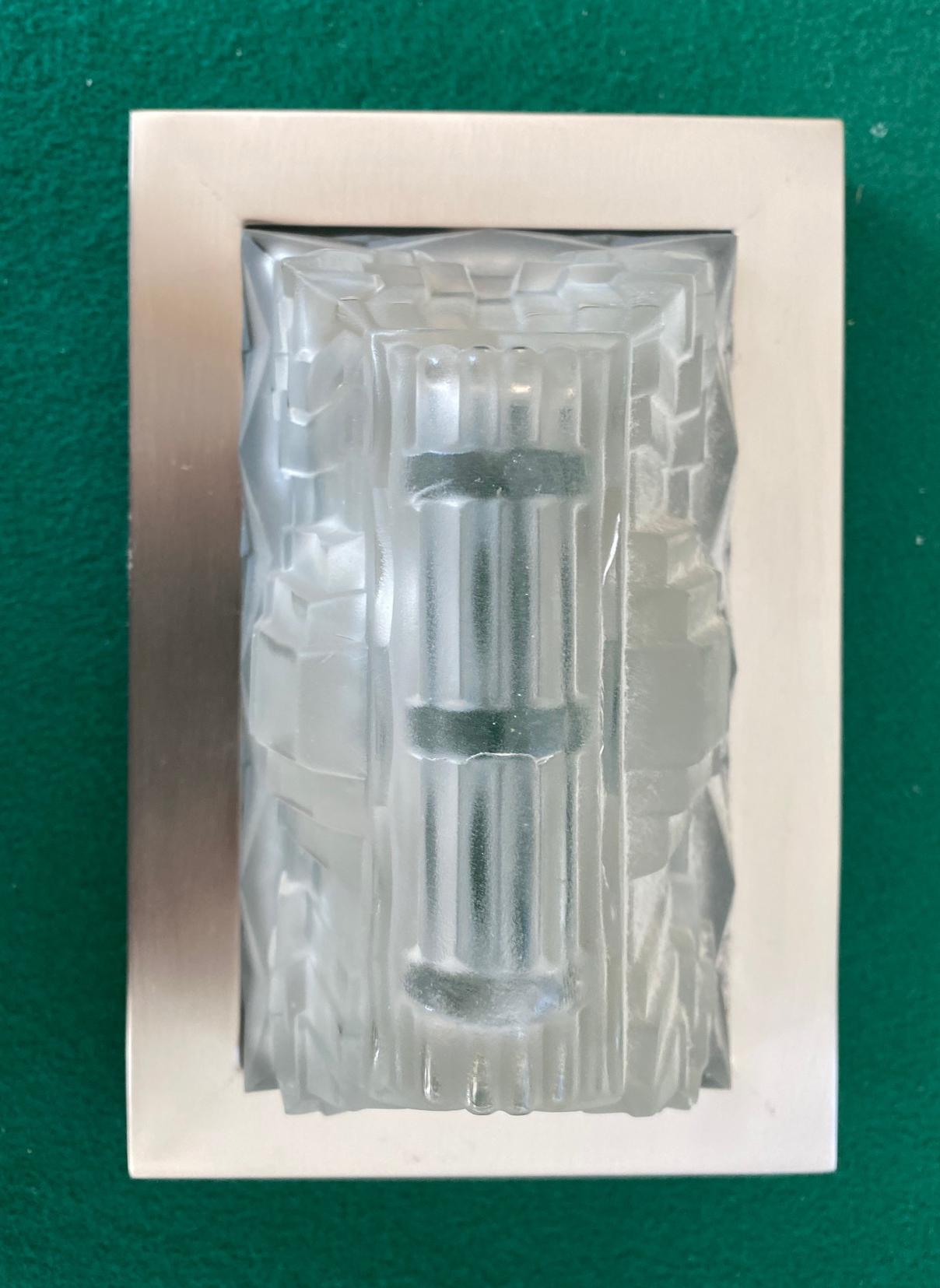 Art Deco flush mount or wall-sconce in clear and frosted glass in a satin nickel frame, electrified, ready to go on a wall or ceiling.