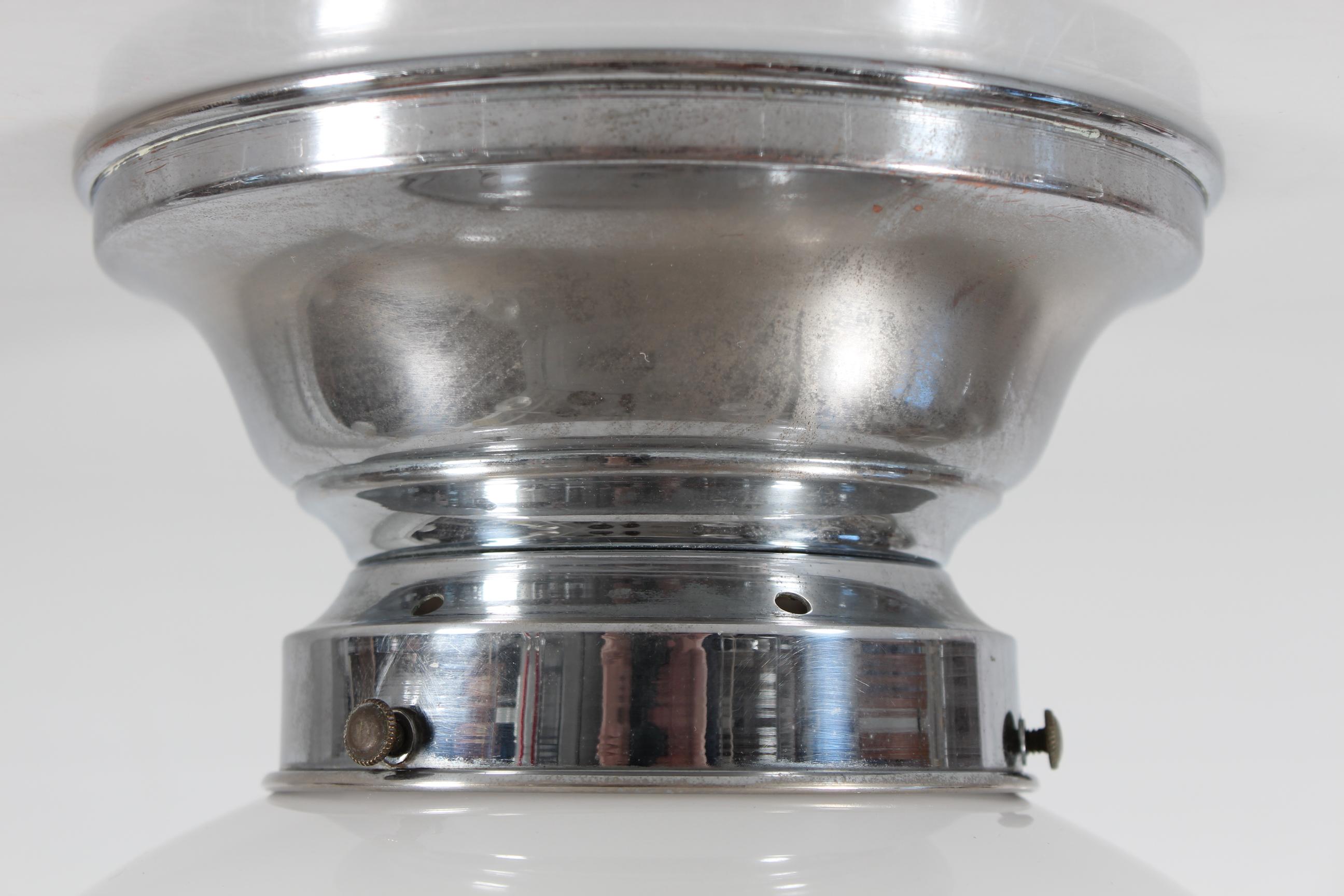 Danish Art Deco Flush Mount, Shade of White Opaline Glass on Metal Base Denmark 1930s For Sale
