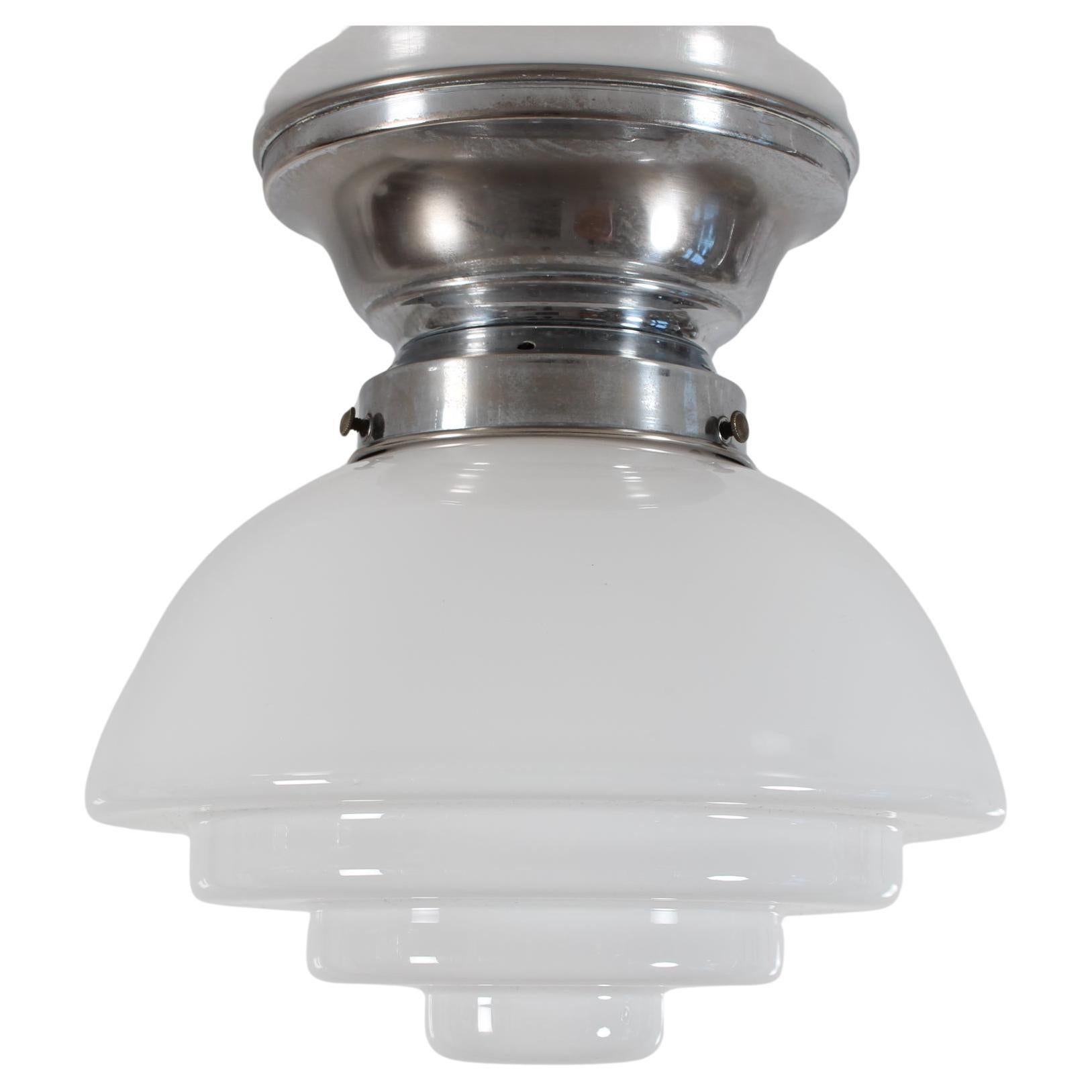 Art Deco Flush Mount, Shade of White Opaline Glass on Metal Base Denmark 1930s For Sale