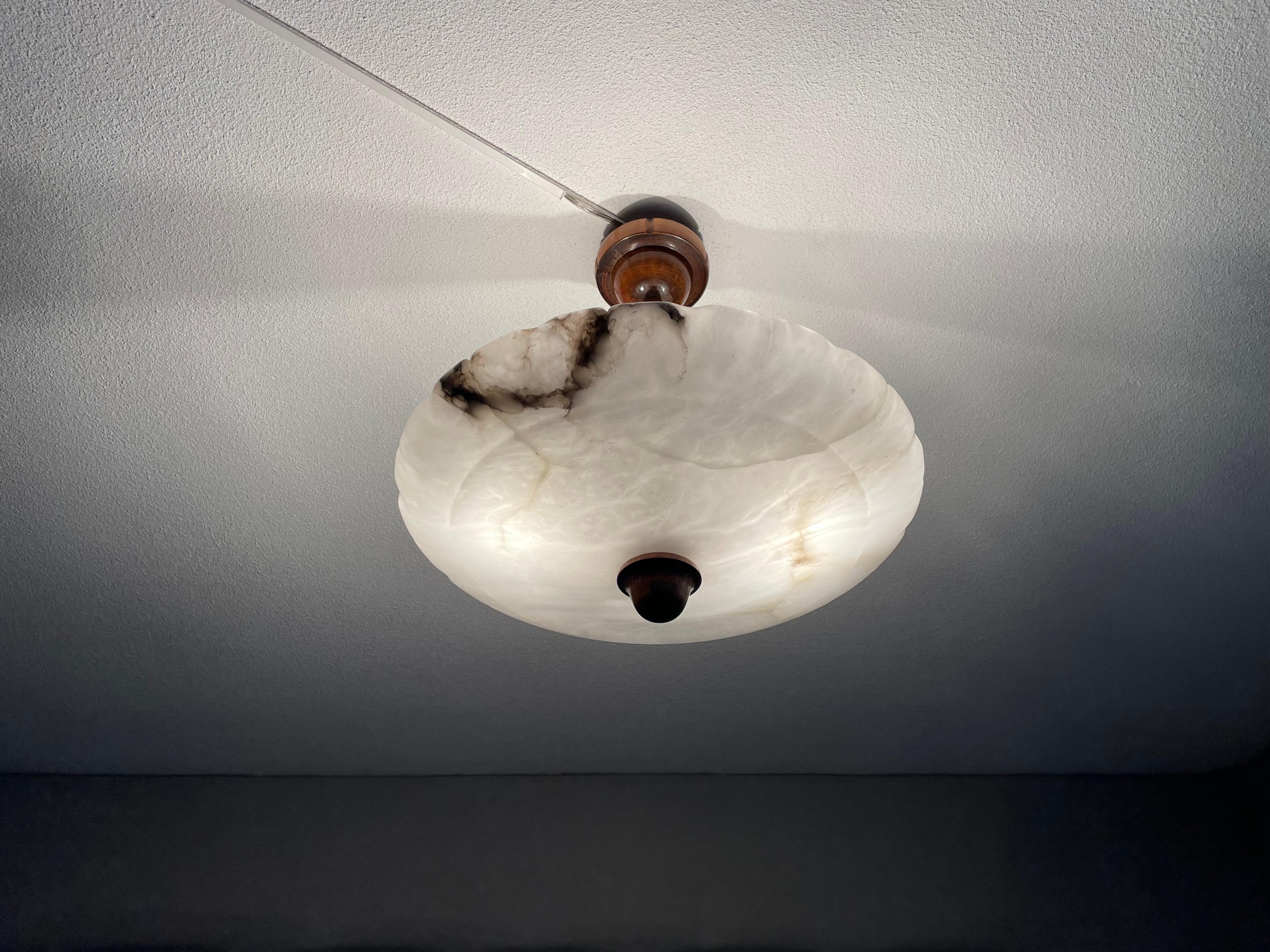 European Art Deco Flush Mount / Two Light Pendant with Stunning Alabaster Shade, 1920