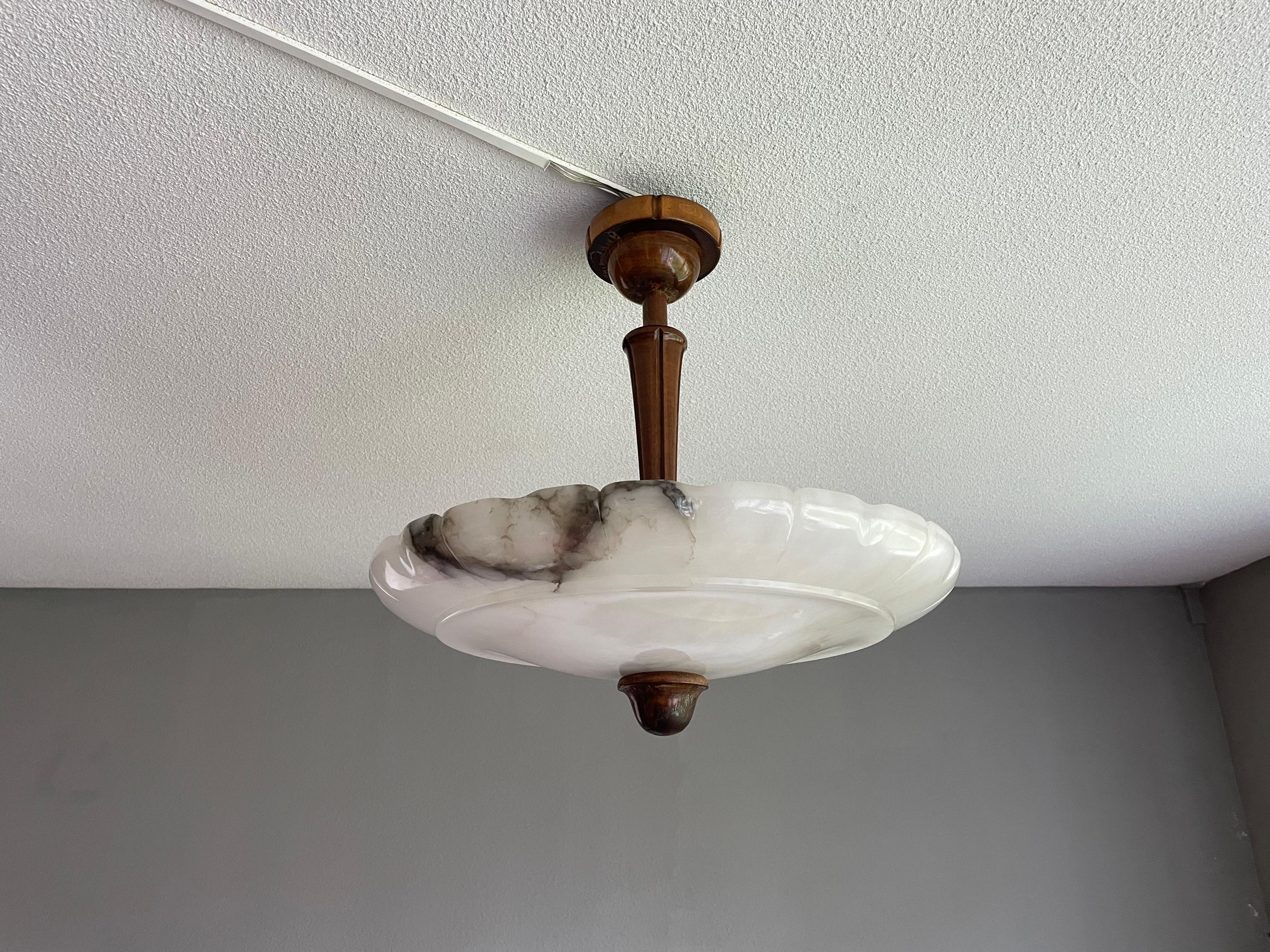 Hand-Carved Art Deco Flush Mount / Two Light Pendant with Stunning Alabaster Shade, 1920