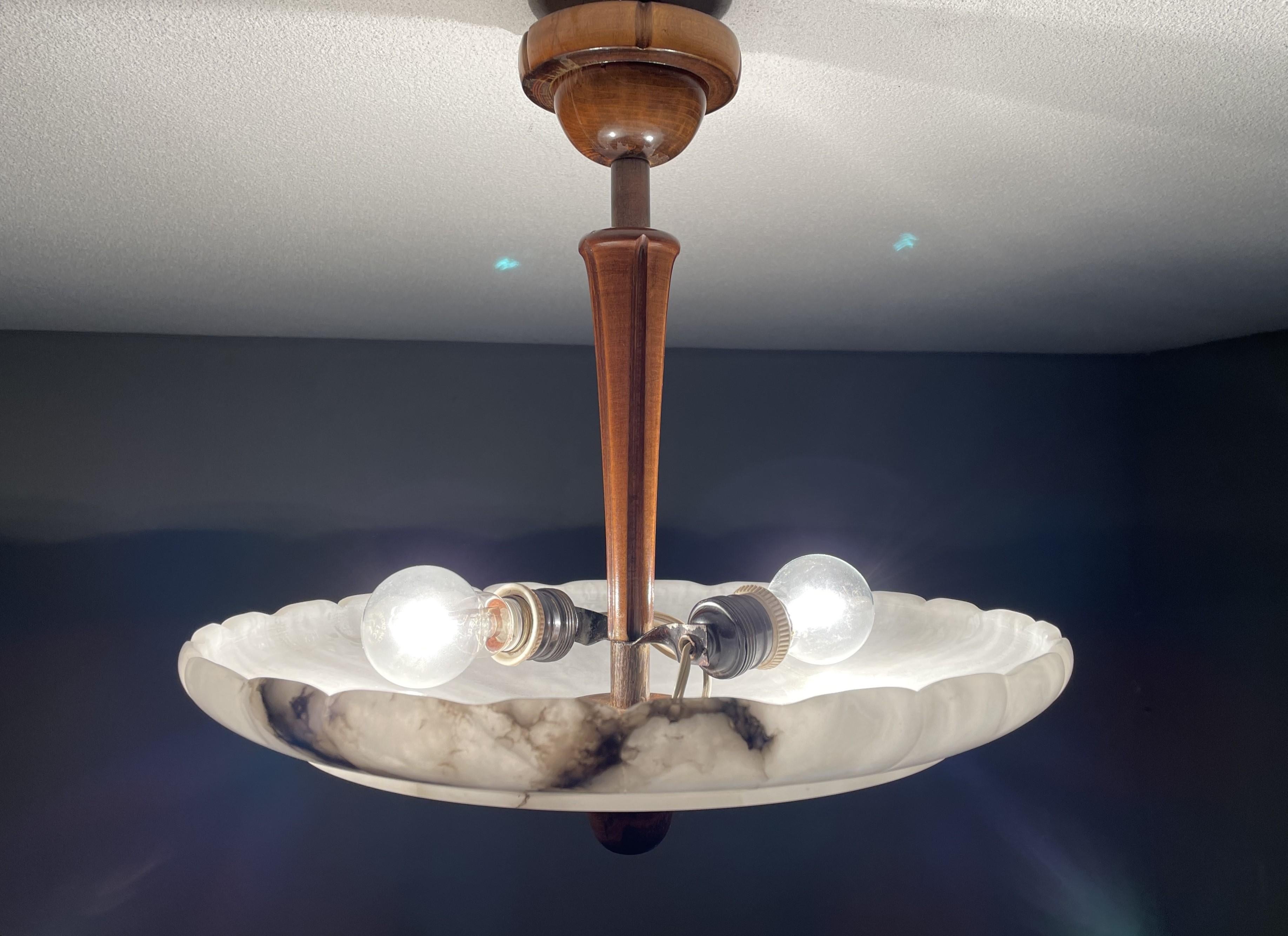 Polished Art Deco Flush Mount / Two Light Pendant with Stunning Alabaster Shade, 1920