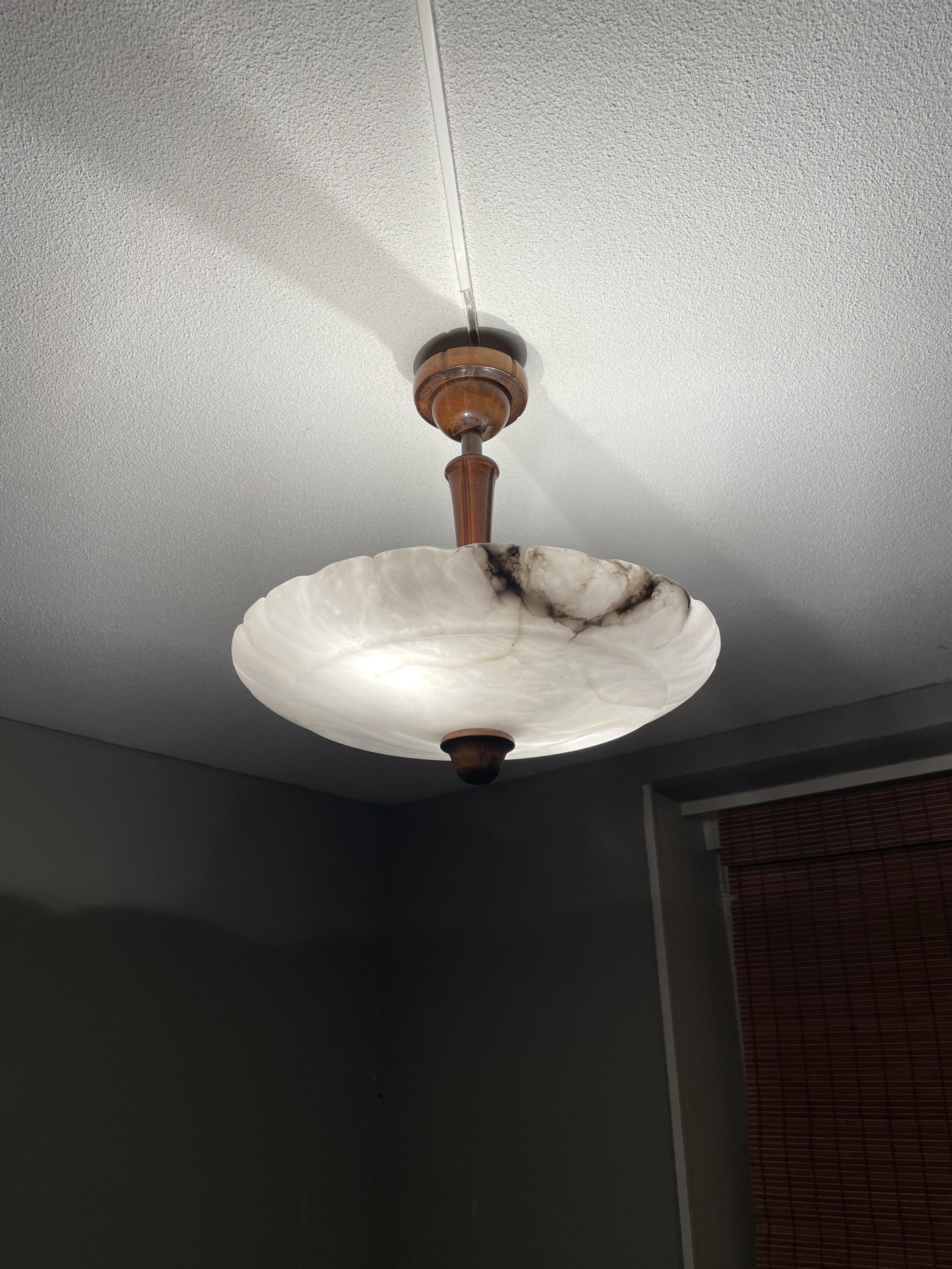 Brass Art Deco Flush Mount / Two Light Pendant with Stunning Alabaster Shade, 1920