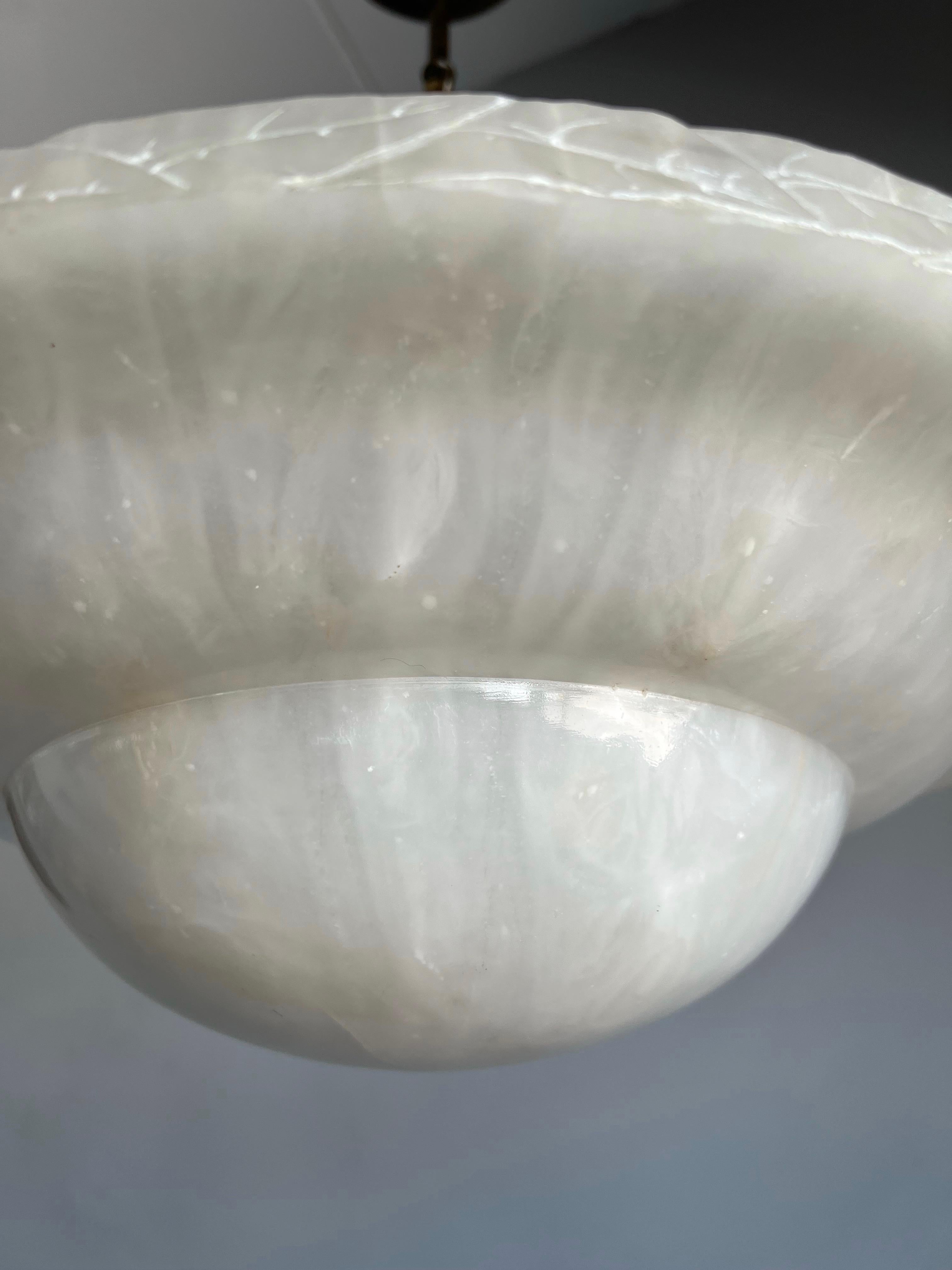 Metal Top Art Deco Pendant Light / Flush Mount w. Stunning Pure White Alabaster Shade