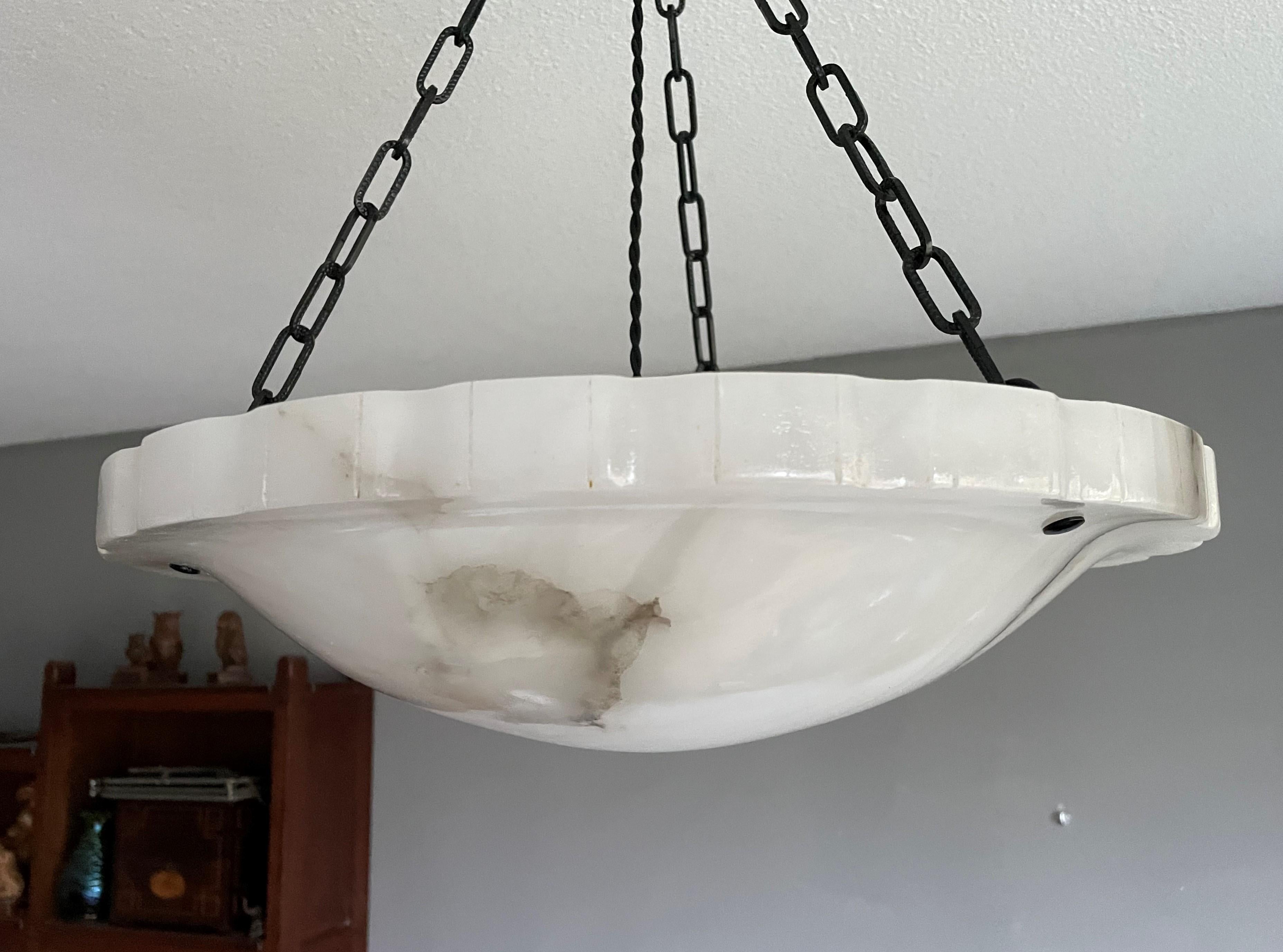 20th Century Art Deco Flush Mount with Stunning Art Deco Alabaster Shade & Black Chain, 1920