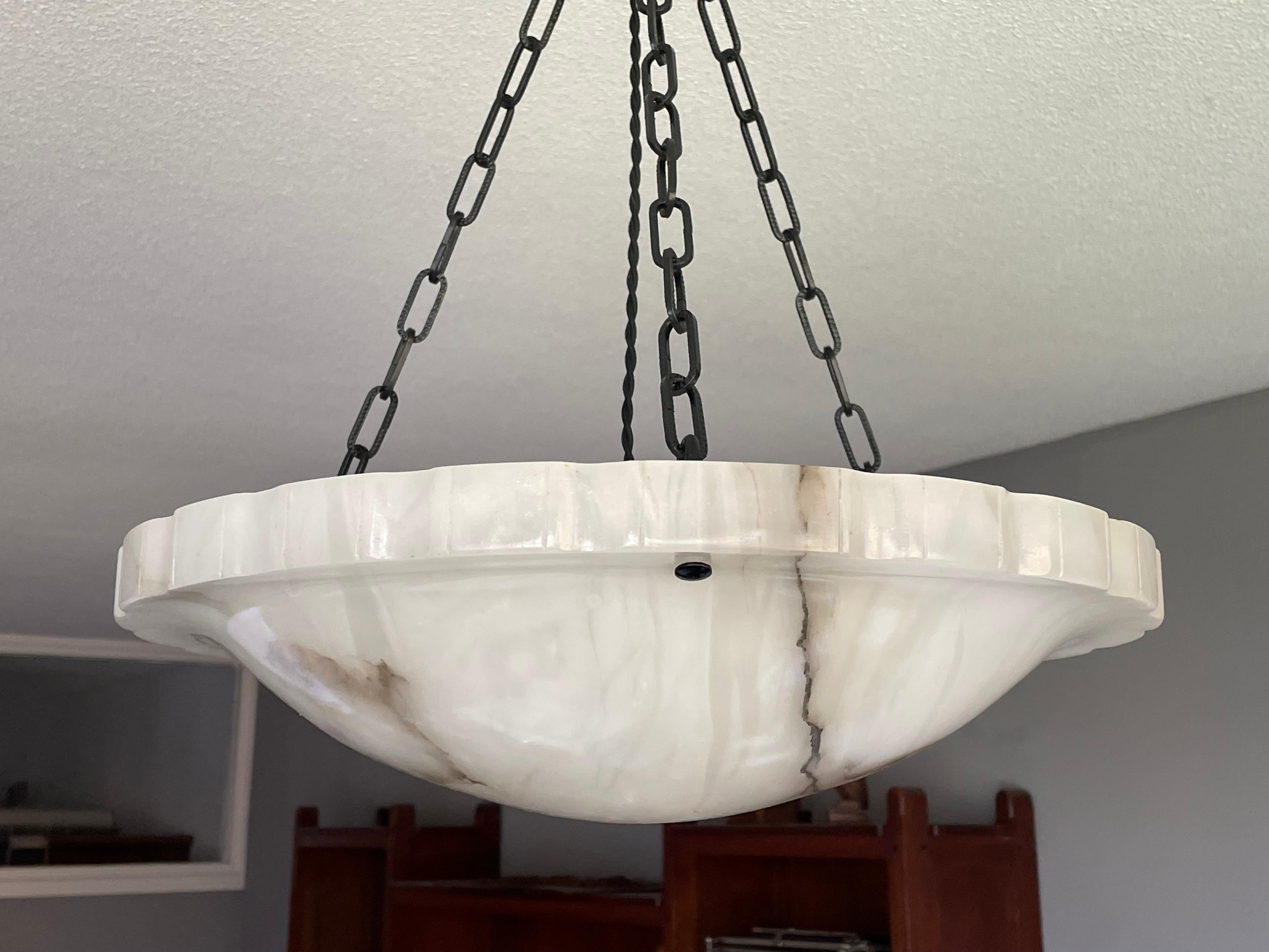 Hand-Crafted Art Deco Flush Mount with Stunning Art Deco Alabaster Shade & Black Chain, 1920