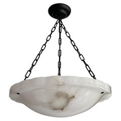 Art Deco Flush Mount with Stunning Art Deco Alabaster Shade & Black Chain, 1920