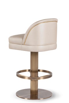 Art Deco Flute Leather Bar Stool, Beige, Brass, Handmade Portugal by Greenapple