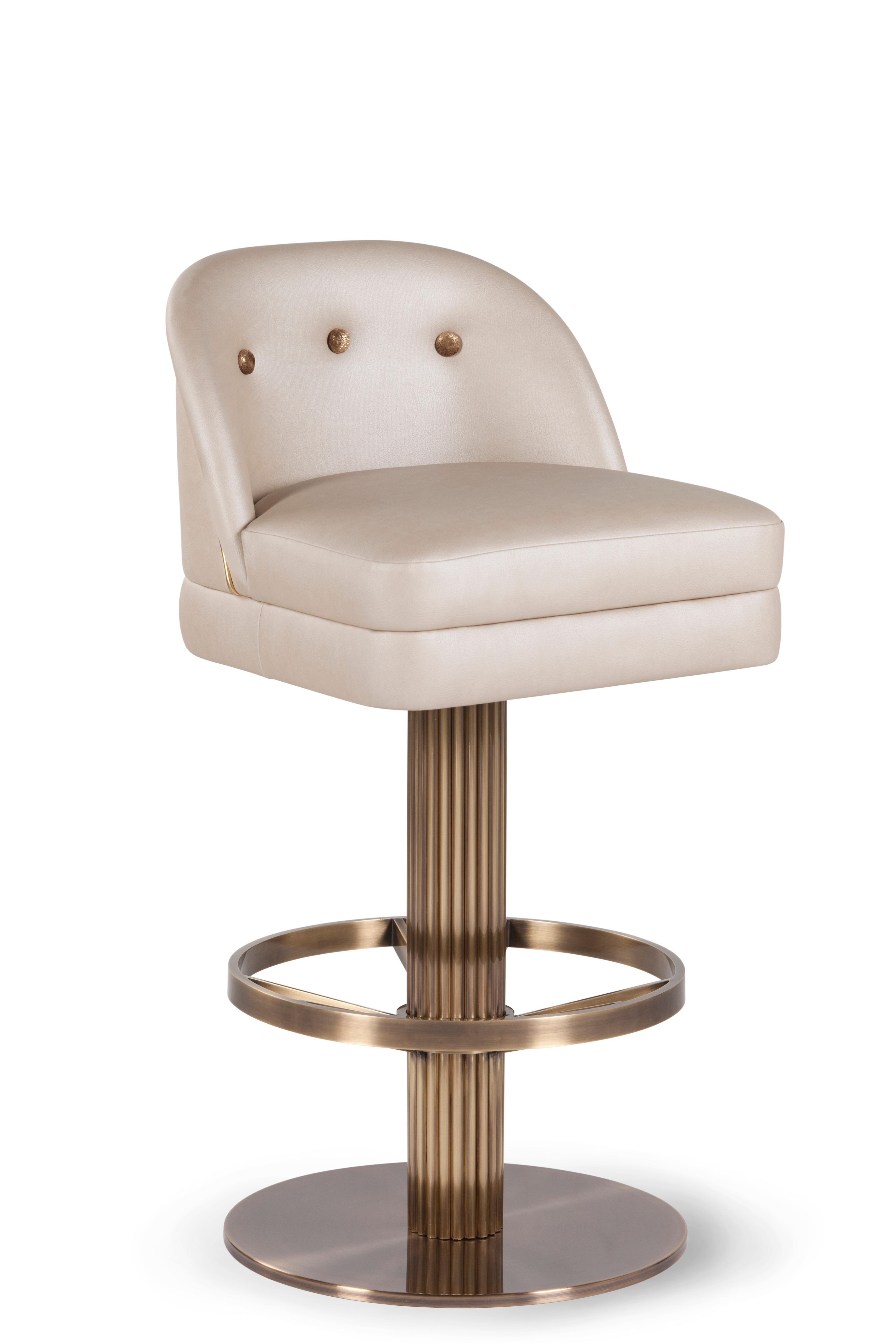 Art Deco Flöte Barhocker, Beige Leder, Messing, Handgemacht Portugal von Greenapple (Gebürstet) im Angebot