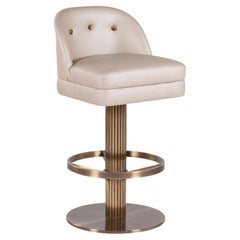 Art Deco Flute Bar Stool, Beige Leather, Brass, Handmade Portugal by Greenapple