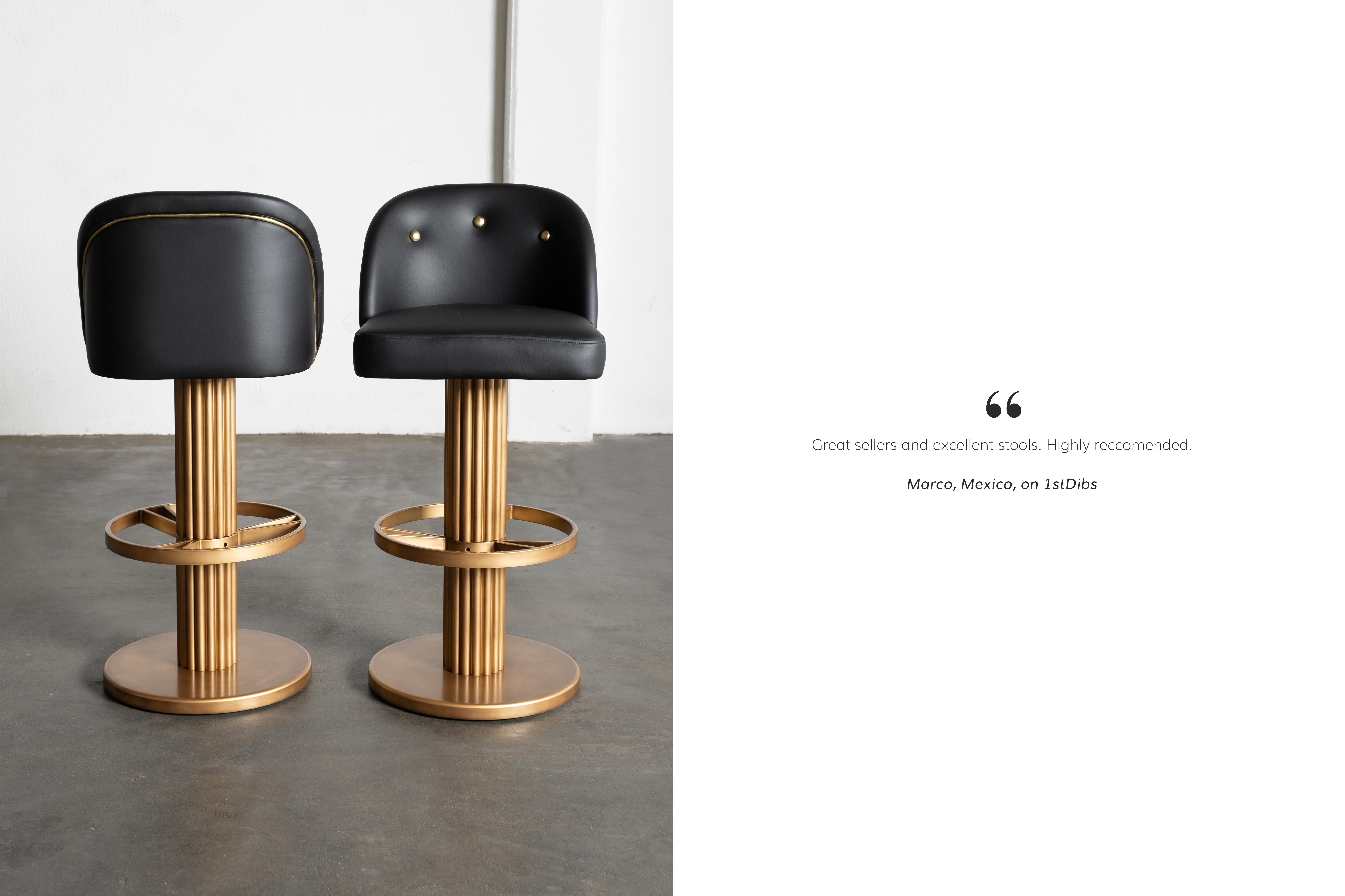 Hand-Crafted Art Deco Flute Bar Stool, Black Leather, Handmade in Portugal by Greenapple For Sale