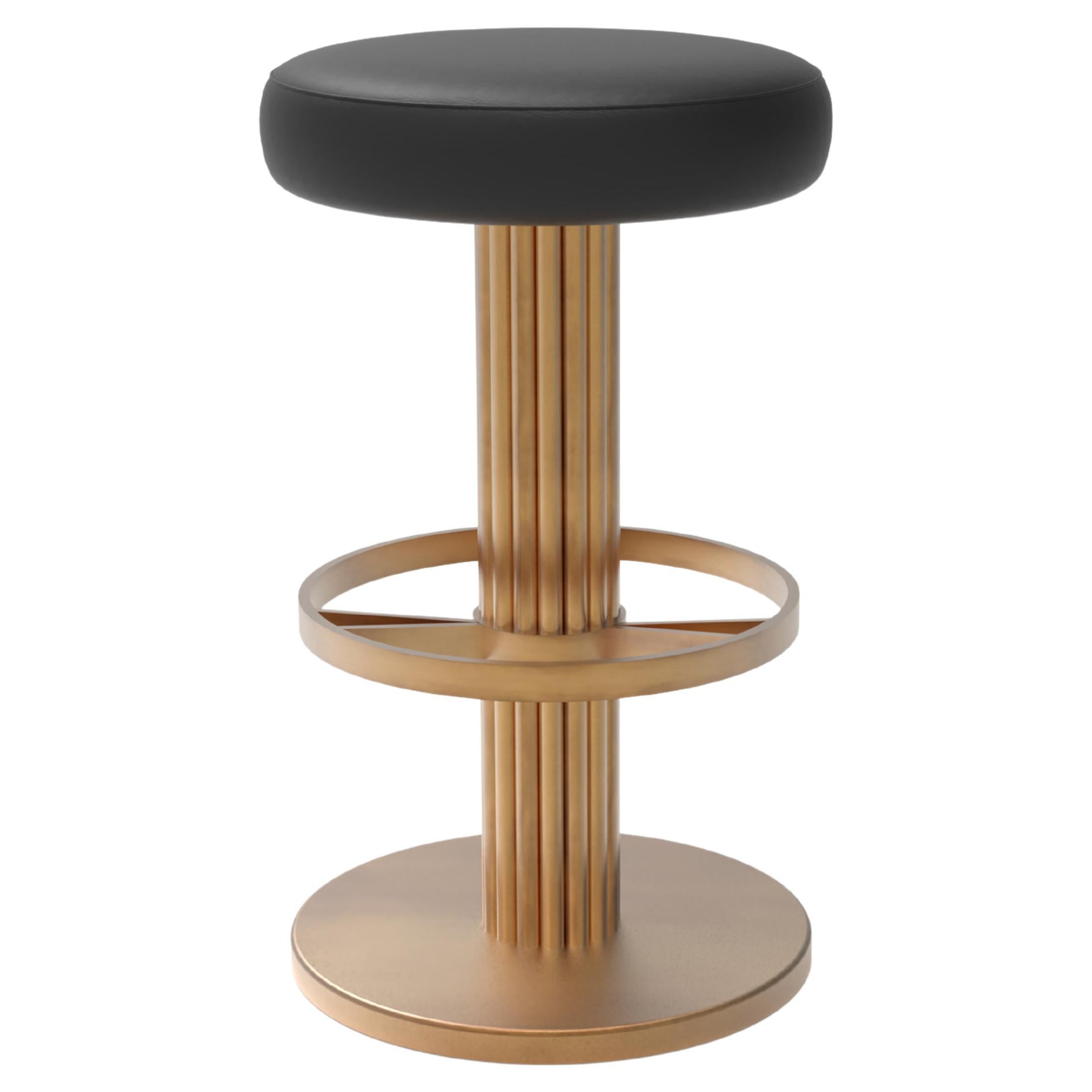 Art Deco Flute Bar Stool, Black Leather, Handmade in Portugal by Greenapple For Sale