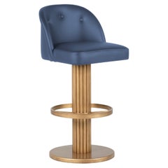 Art Deco Flute Bar Stool, Blue Leather, Handmade in Portugal by Greenapple