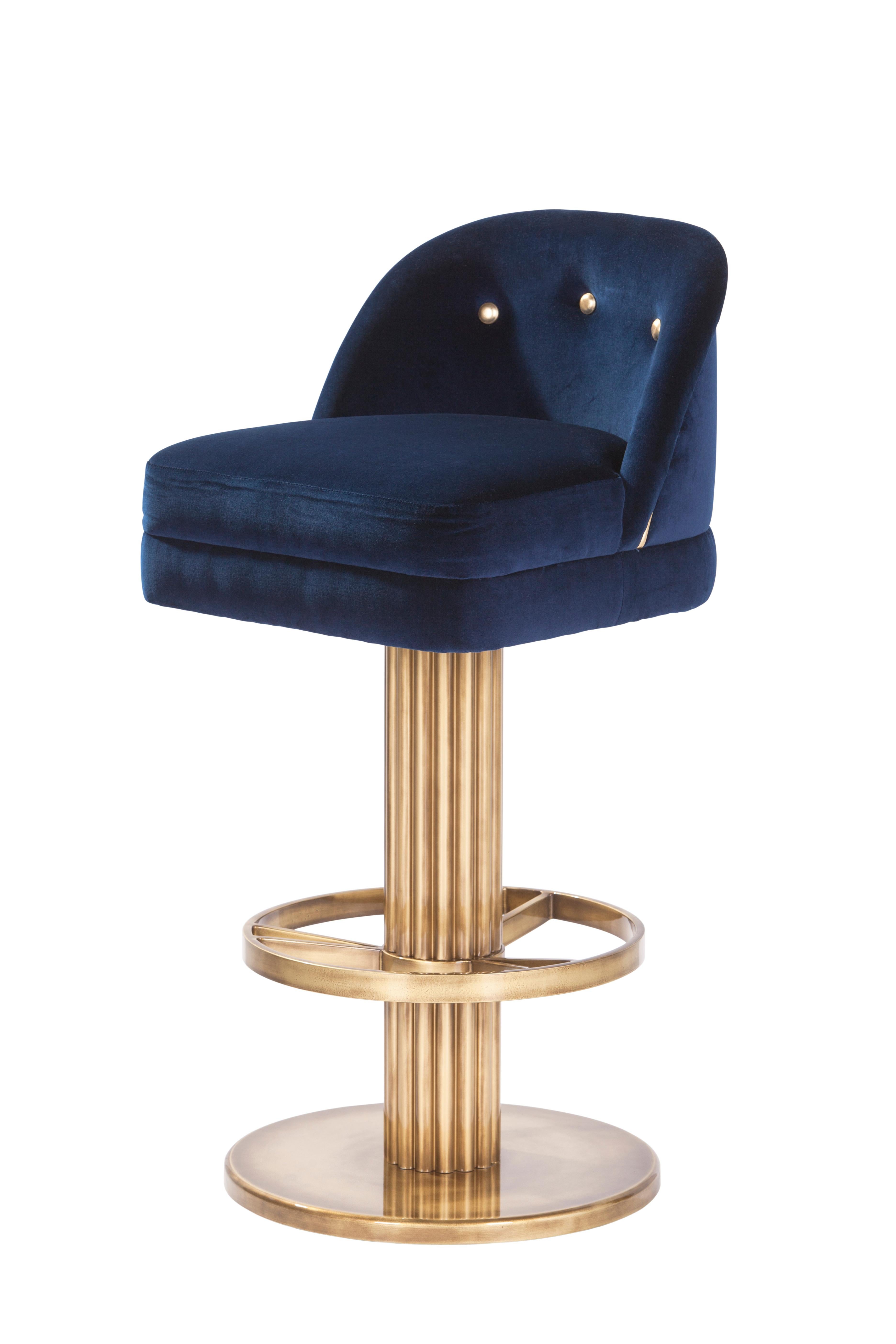 Art Deco Flute bar stool, Handcrafted in Portugal - Europe by Greenapple.

Flute bar stool embodies simplicity and comfort for relaxing moments, without forgetting that the small details make all the difference. Handcrafted with dark blue velvet,