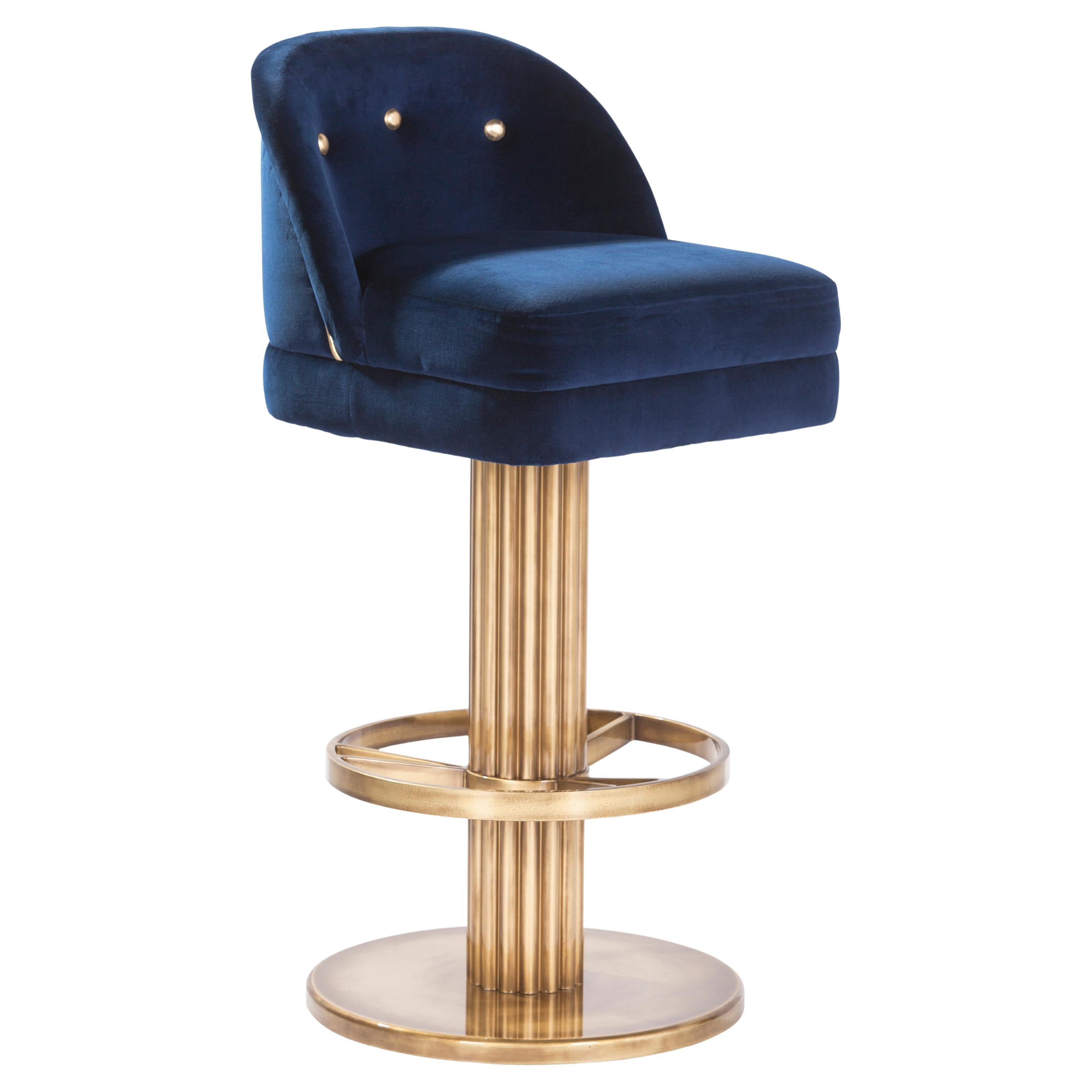 Sgabello da bar Art Deco Flute, velluto blu scuro, fatto a mano in Portogallo da Greenapple