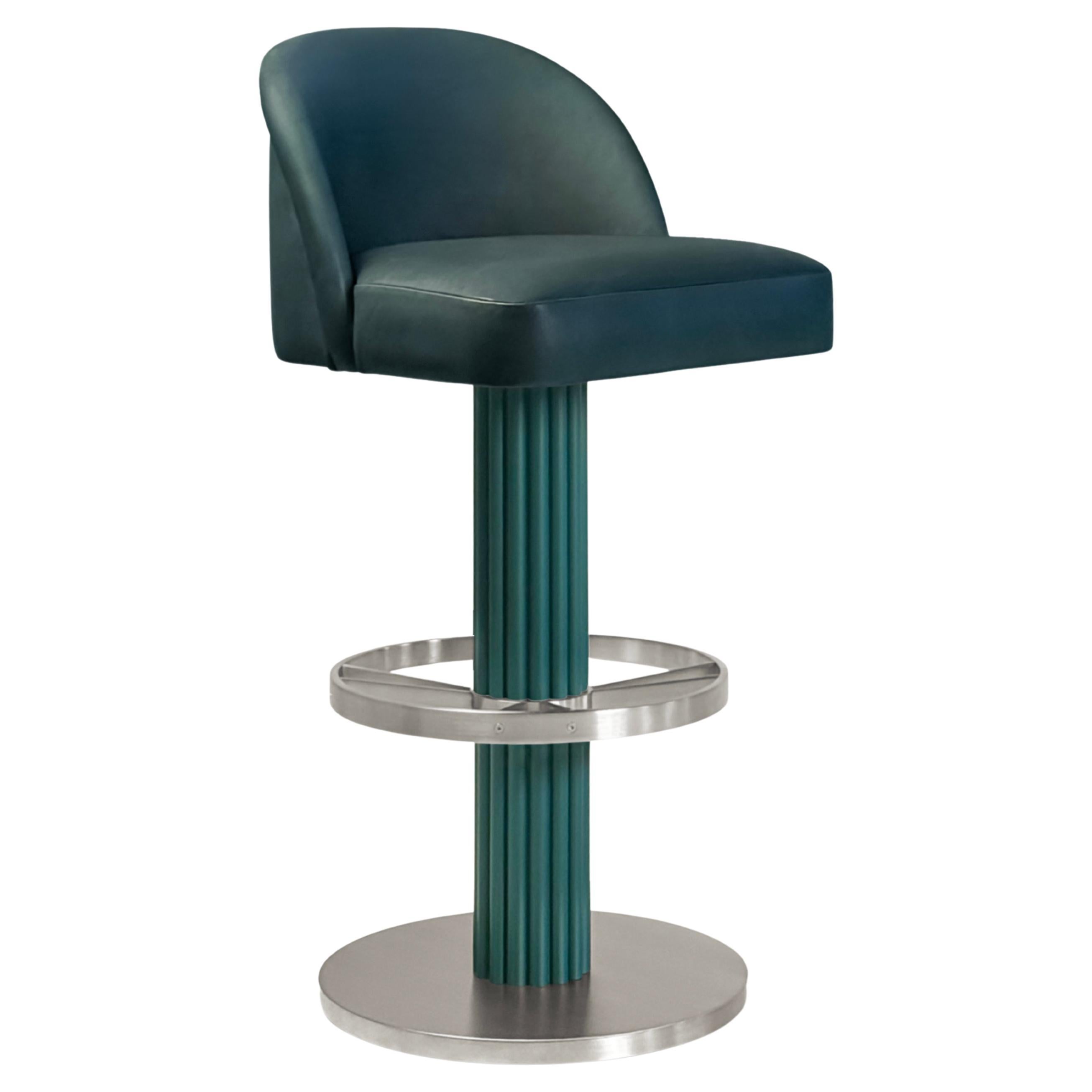 Art Deco Flute Dark Teal Leather Bar Stool, Handmade in Portugal by Greenapple For Sale