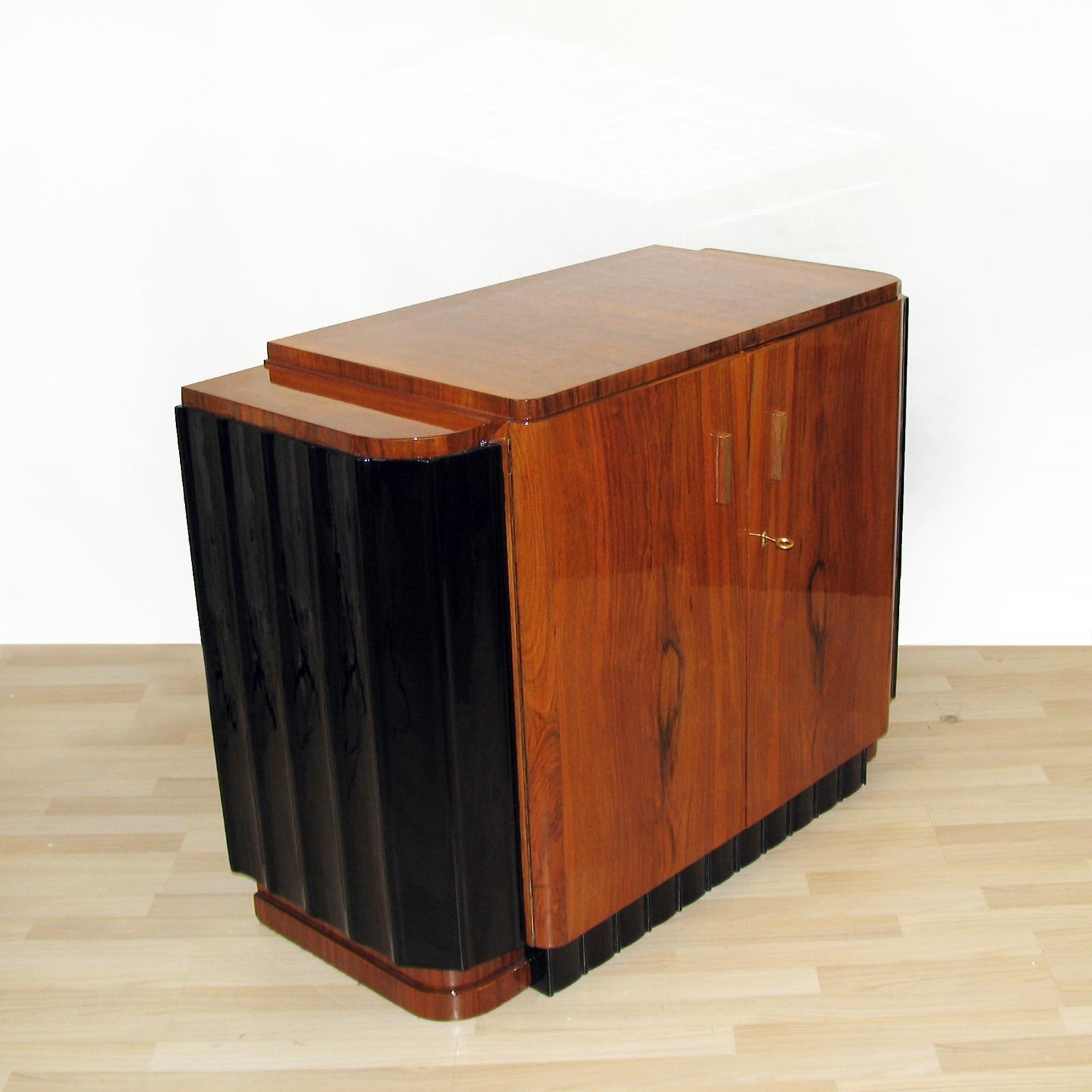 Lacquered Art Deco Sideboard, Walnut Veneer, Black Fluted Sides by Francisque Chaleyssin