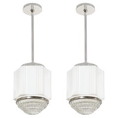 Art Deco Fluted Milk Glass Pendant Chandeliers w/ Chrome Fittings & Glass Shades