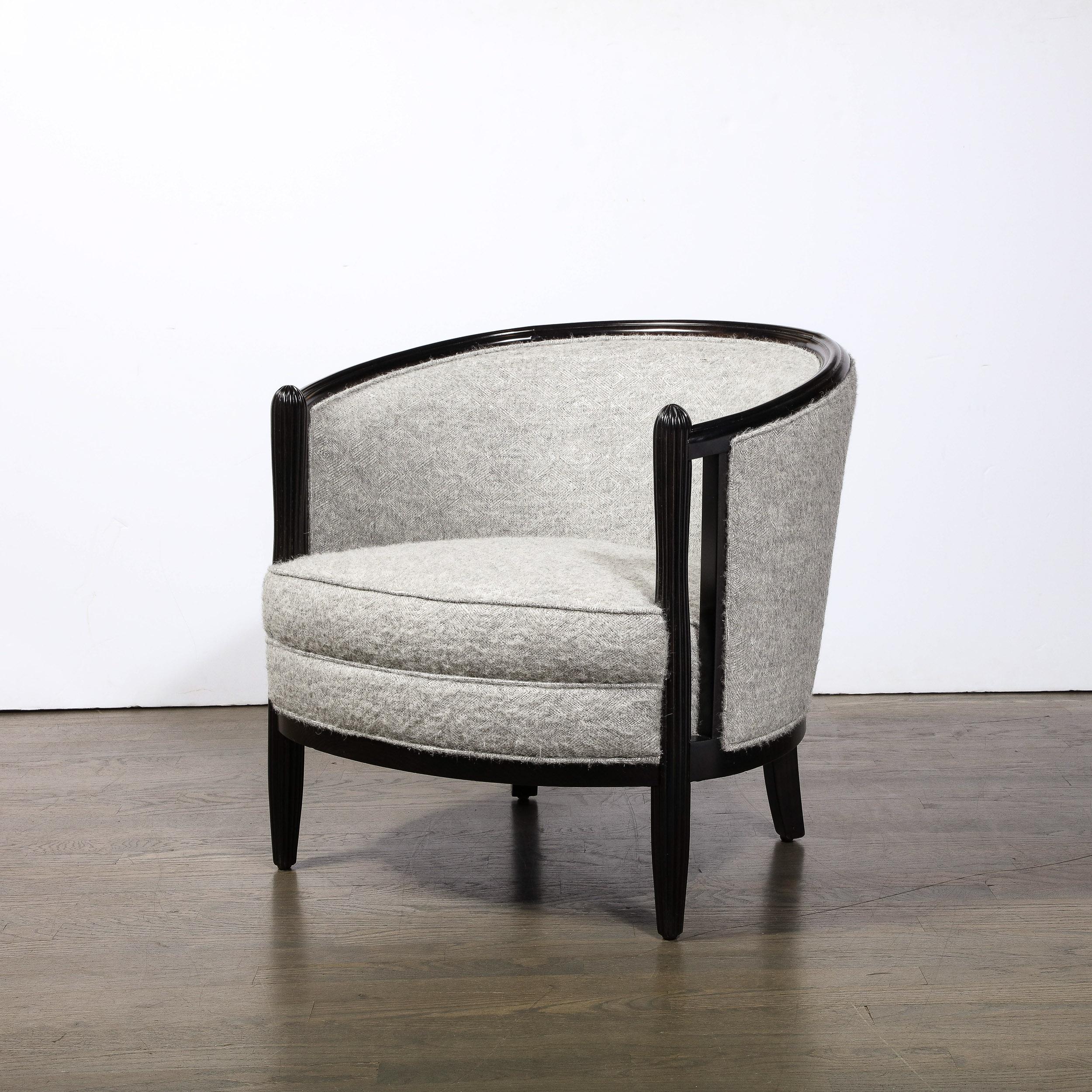 Mid-Century Modern Art Deco Fluted Ruhlmann Style Ebonized Lounge Chairs in Holly Hunt Fabric
