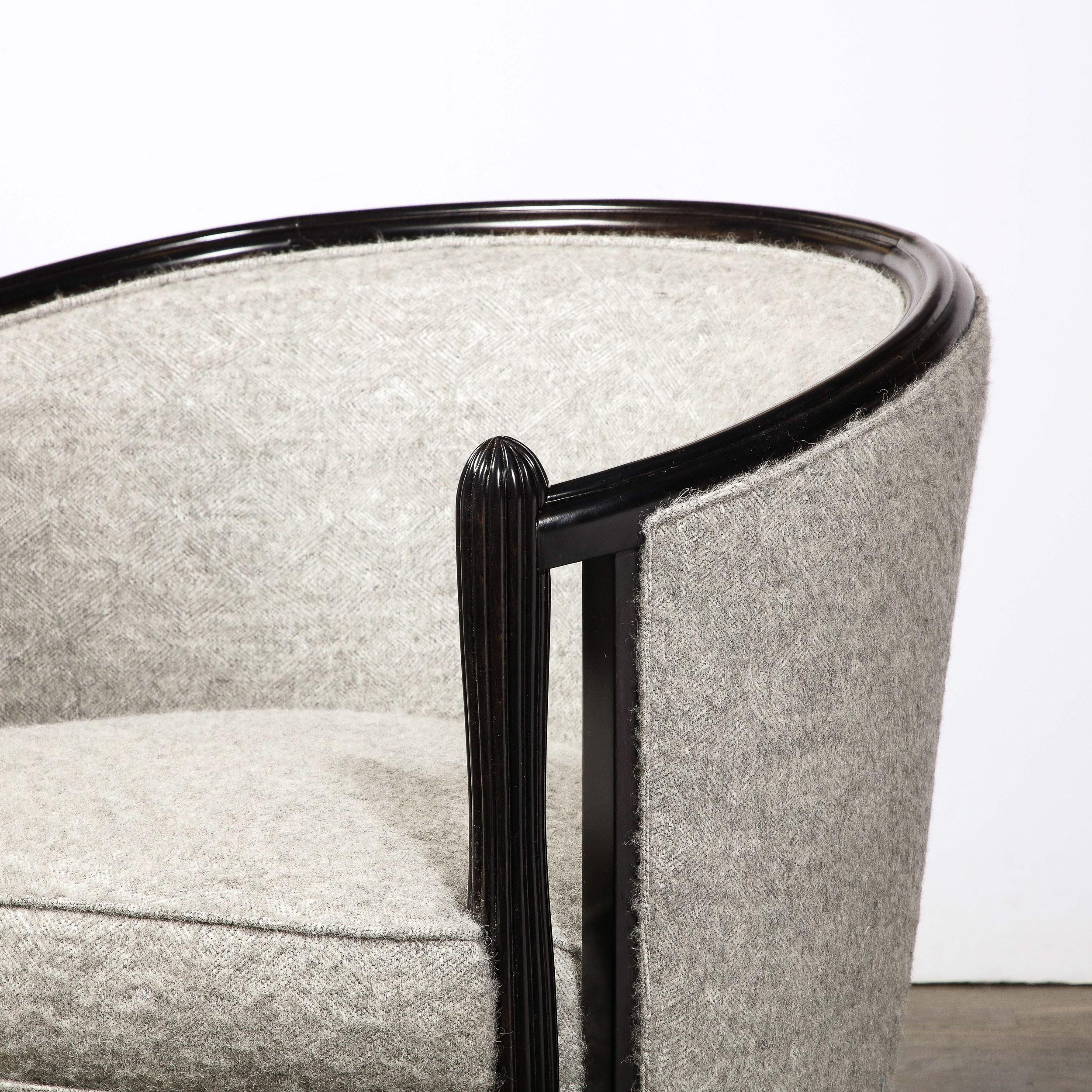 French Art Deco Fluted Ruhlmann Style Ebonized Lounge Chairs in Holly Hunt Fabric