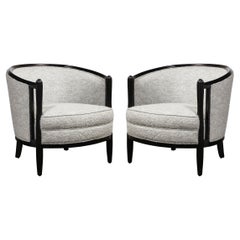 Art Deco Fluted Ruhlmann Style Ebonized Lounge Chairs in Holly Hunt Fabric