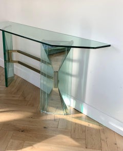 Art Deco FLW Style Glass and Brass Console, 1970s