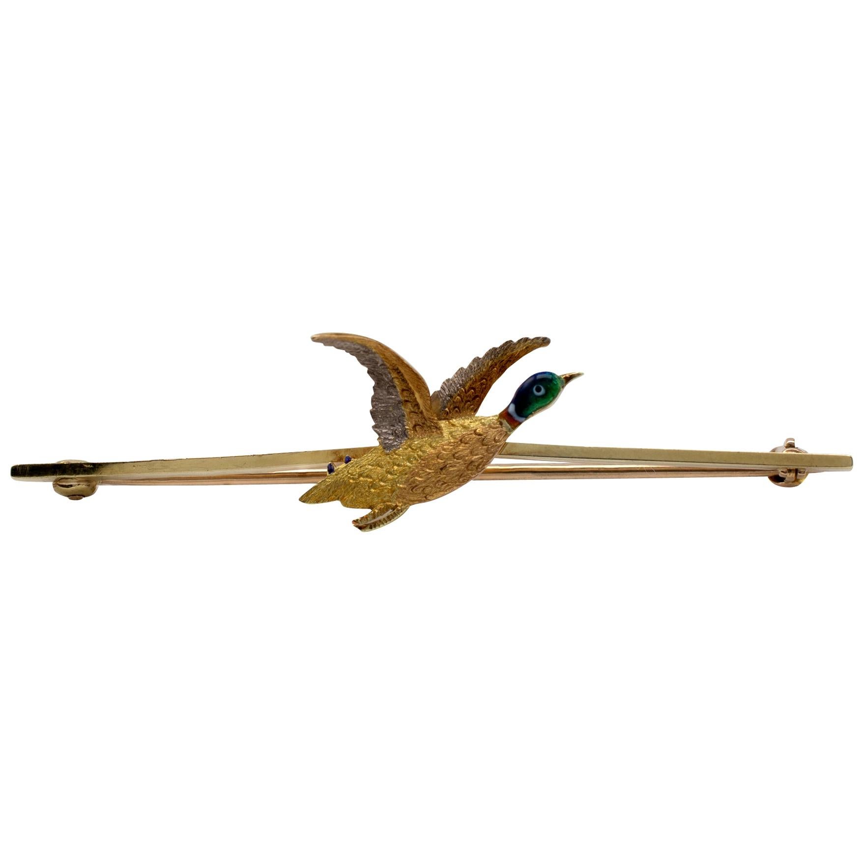 Art Deco Flying Mallard Duck Brooch 18K Gold Platinum Enamel Circa 1930s