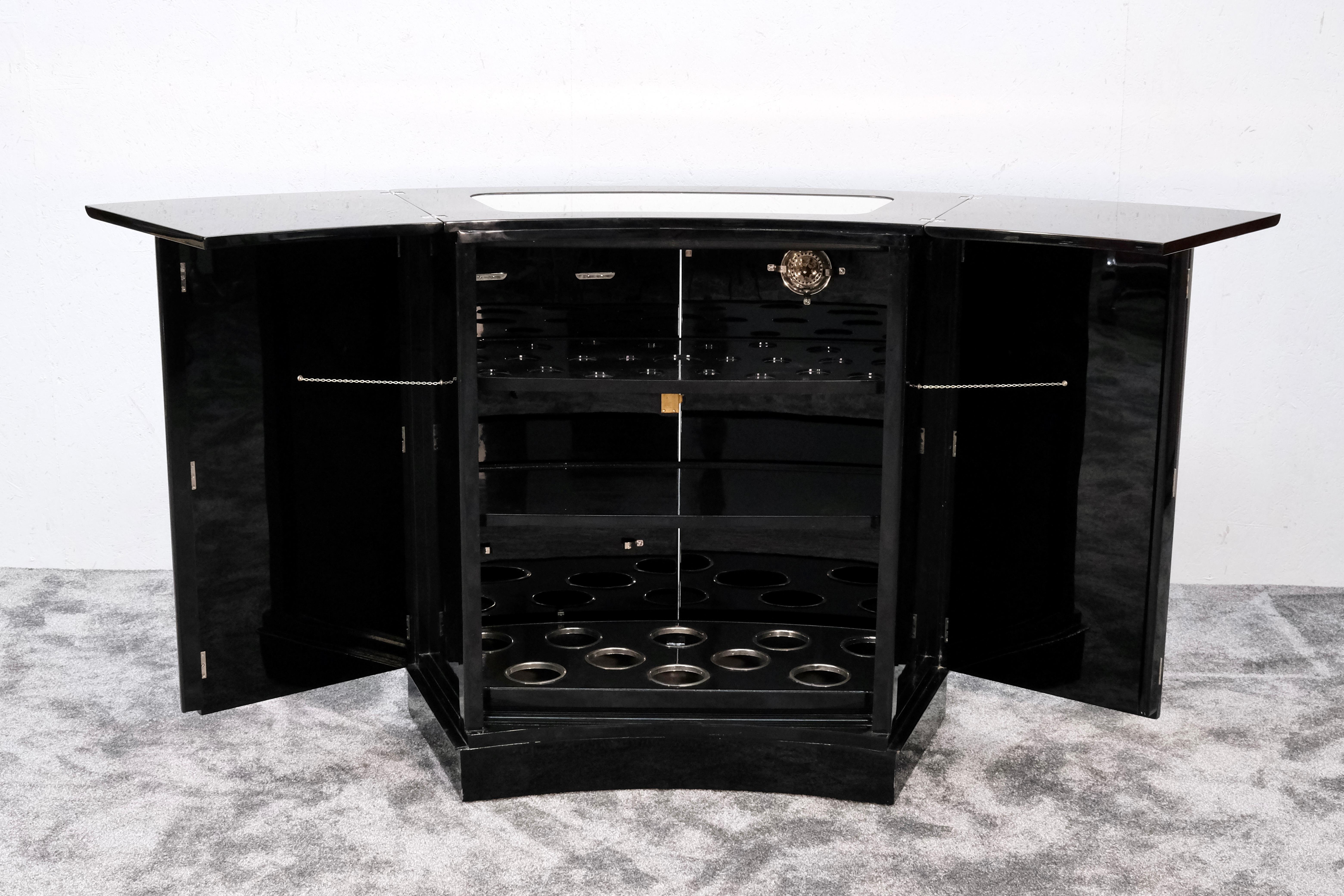 Chrome Art Deco Folding Bar Counter, France 1930s in Black Piano Lacquer on Wheels