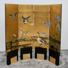 Art Deco Folding Screen with Gilded Panels and Painted Birds, France 1930/40s