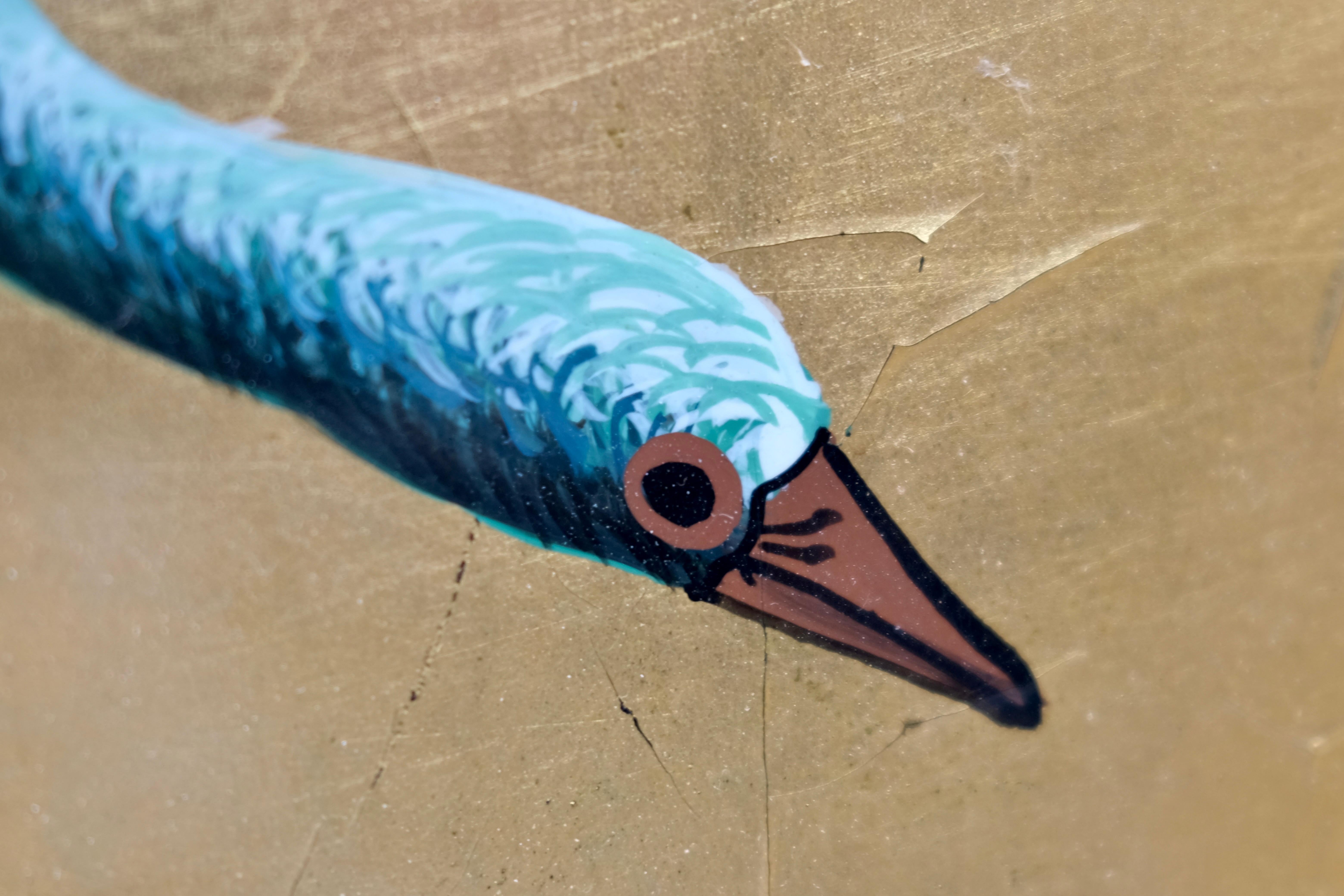 Placcato Art Deco Folding Screen with Gilded Panels and Painted Birds, France 1930/40s in vendita