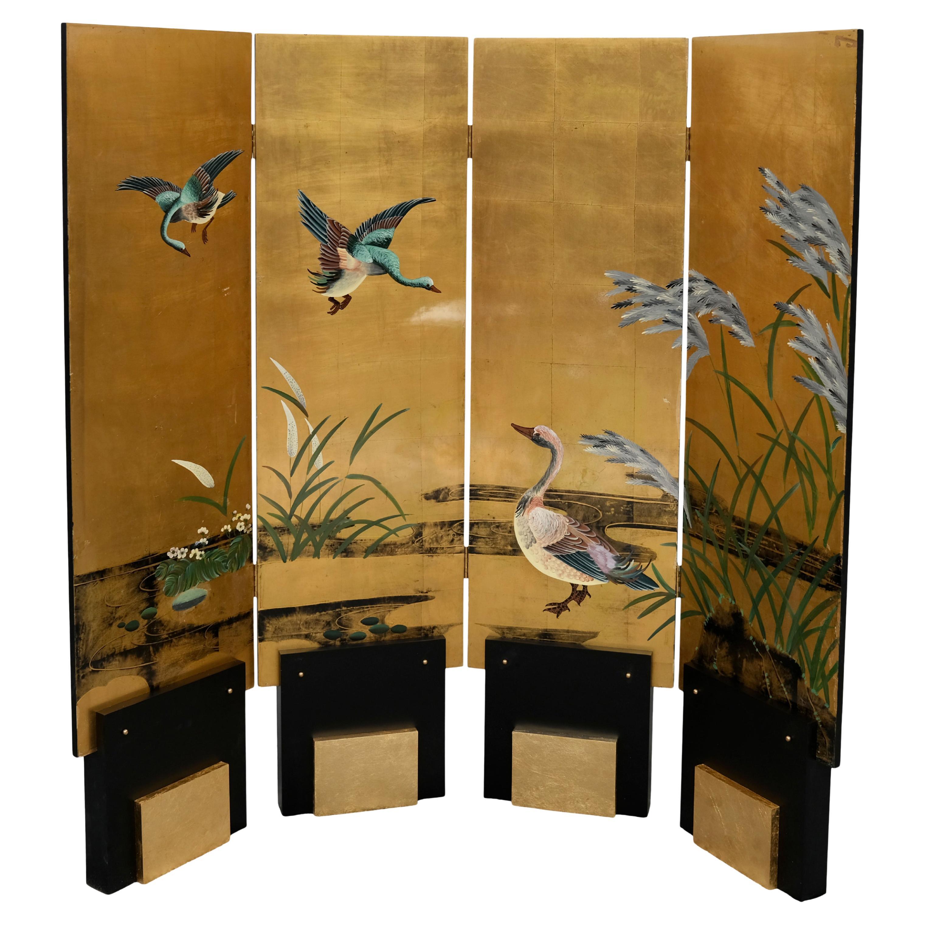 Art Deco Folding Screen with Gilded Panels and Painted Birds, France 1930/40s