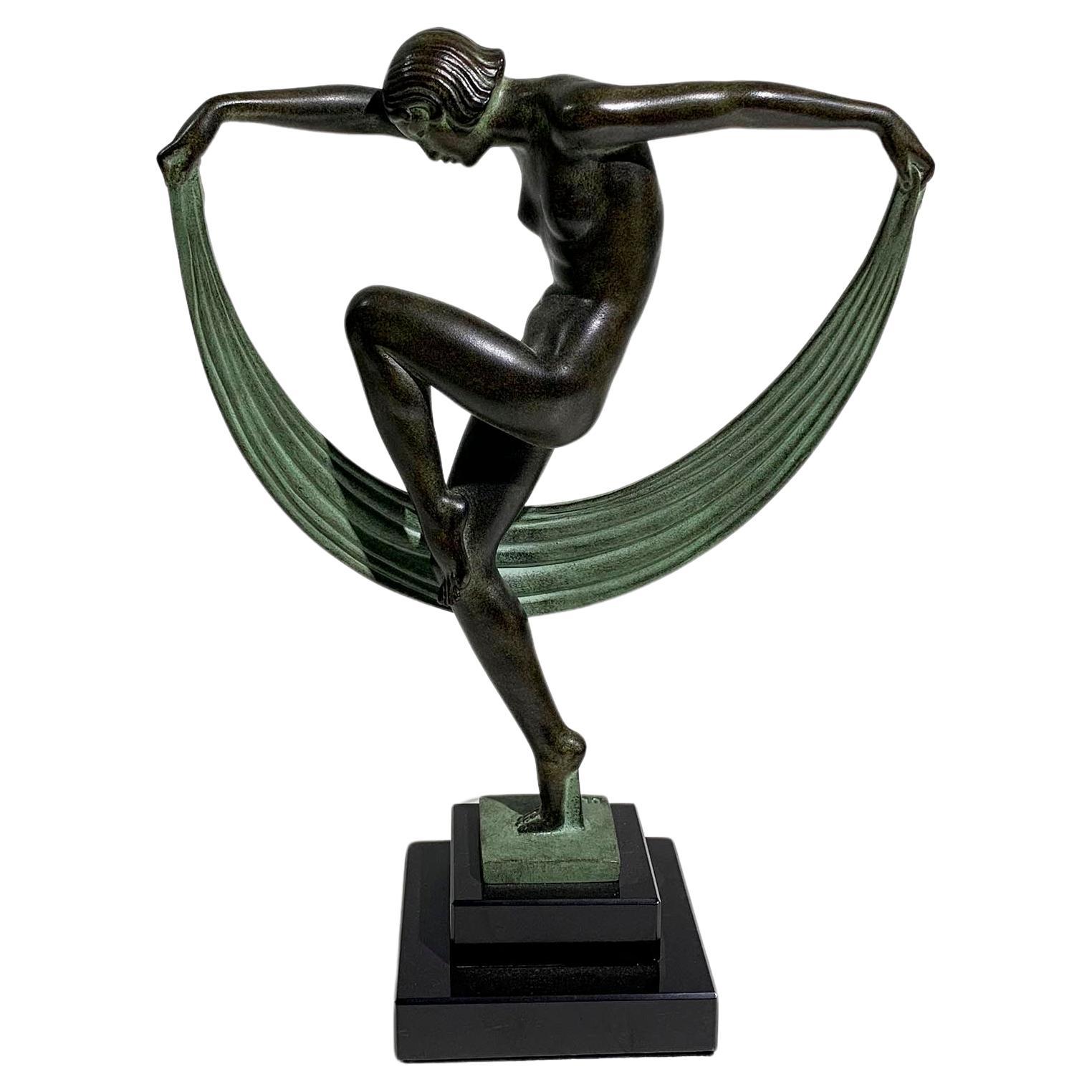 Art Deco "Folie" Dancer Sculpture by Denis for Max Le Verrier, Signed "Denis" For Sale