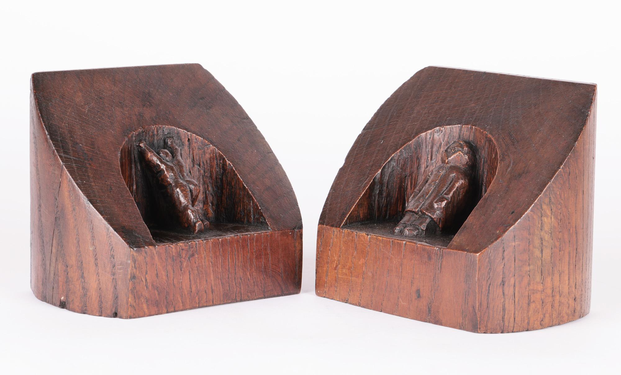 Art Deco Folkart Pair Oak Hand Carved Figural Bookends For Sale 8
