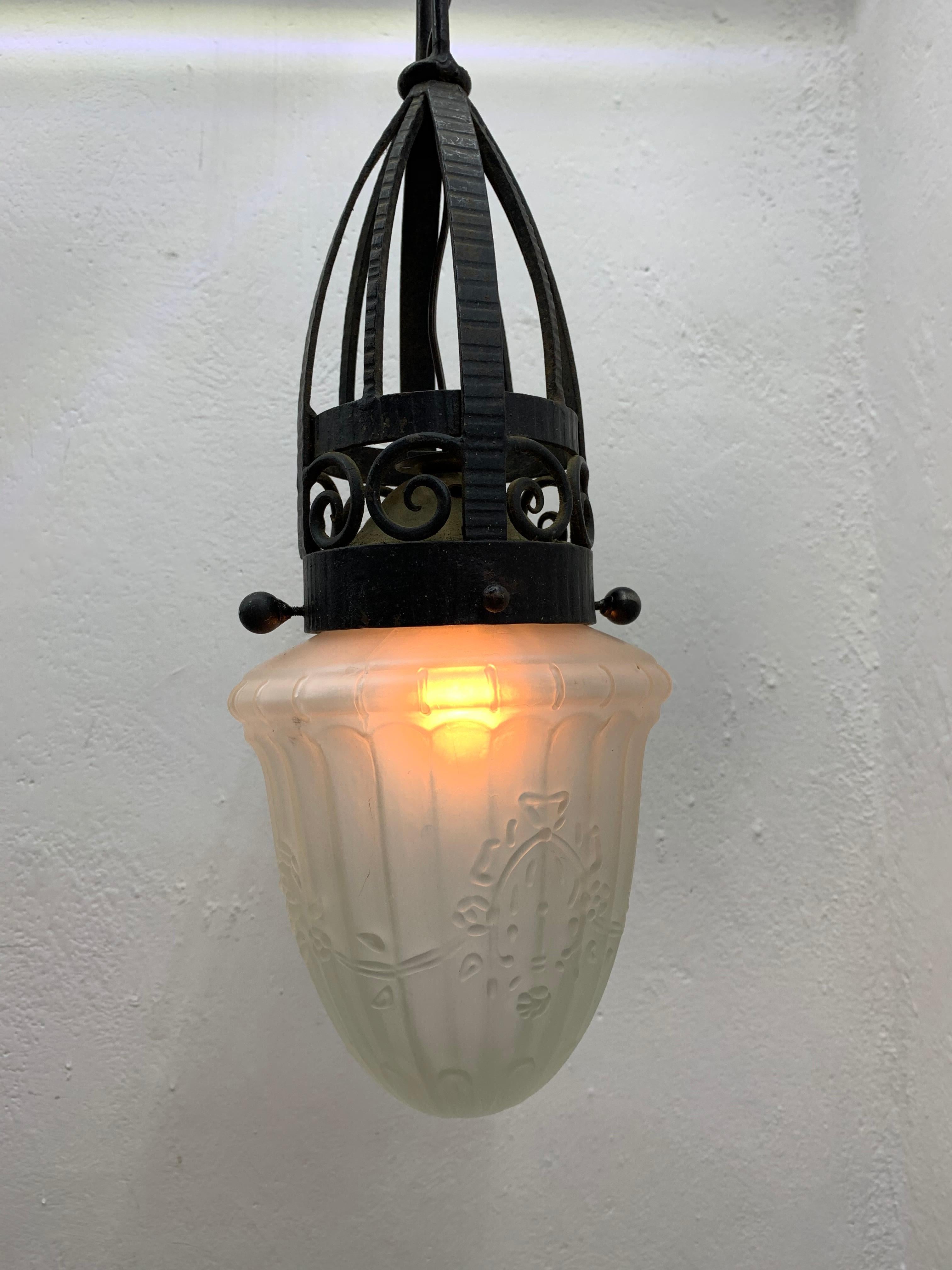 Art Deco Forged Iron and Pressed Glass Lantern ITSO Edgar Brandt, circa 1930 For Sale 3