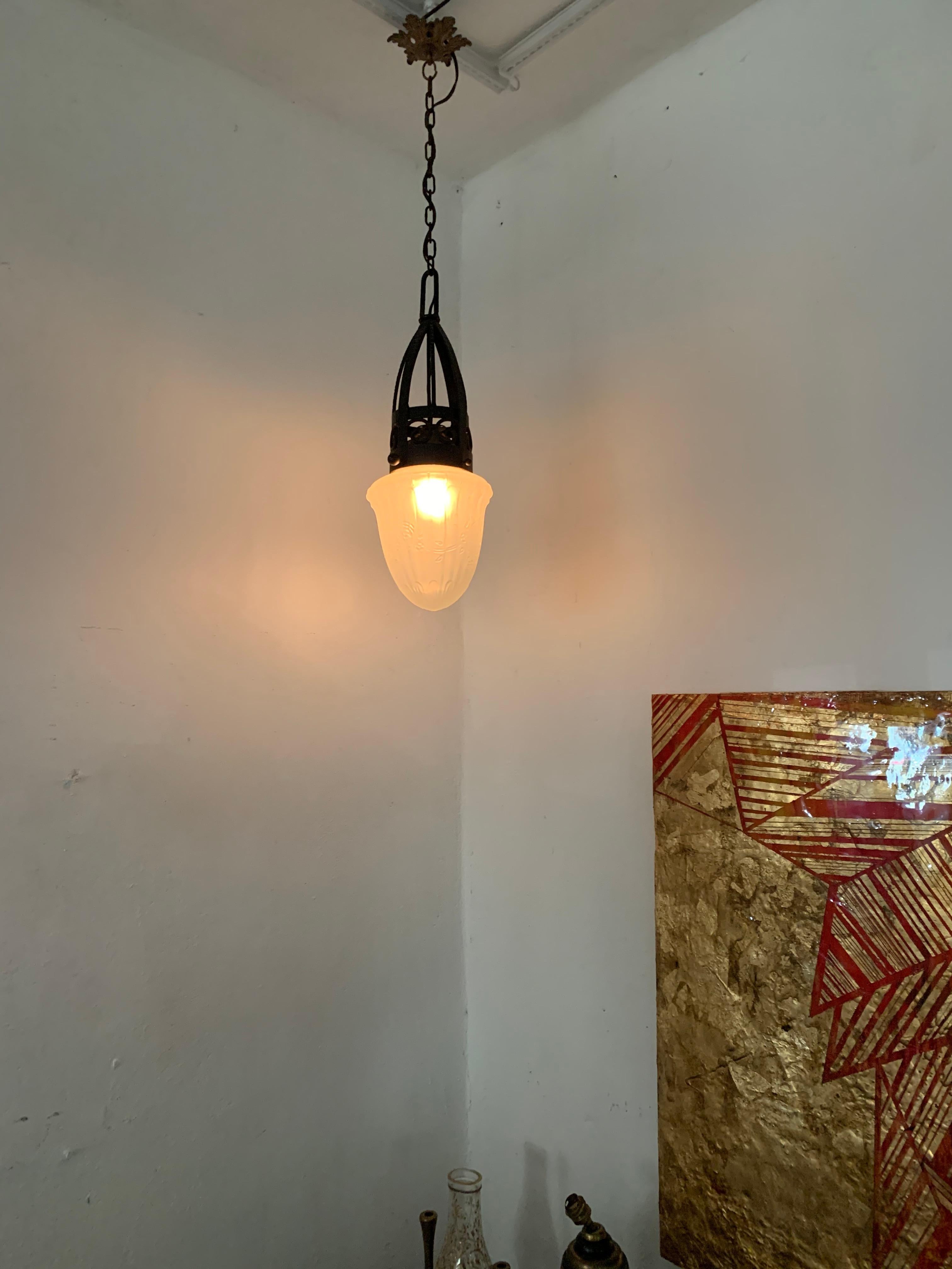 Art Deco Forged Iron and Pressed Glass Lantern ITSO Edgar Brandt, circa 1930 6