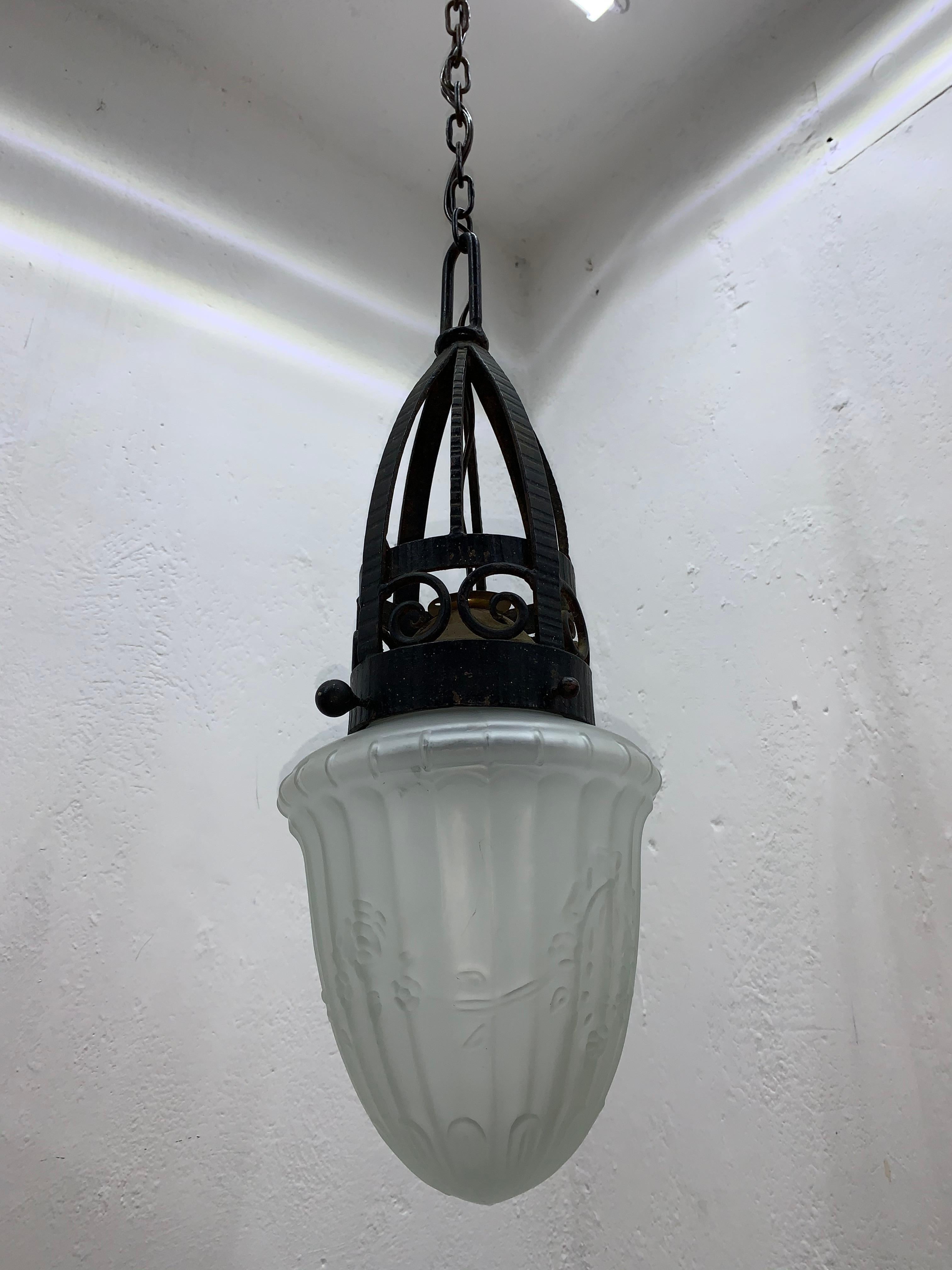 French Art Deco Forged Iron and Pressed Glass Lantern ITSO Edgar Brandt, circa 1930 For Sale