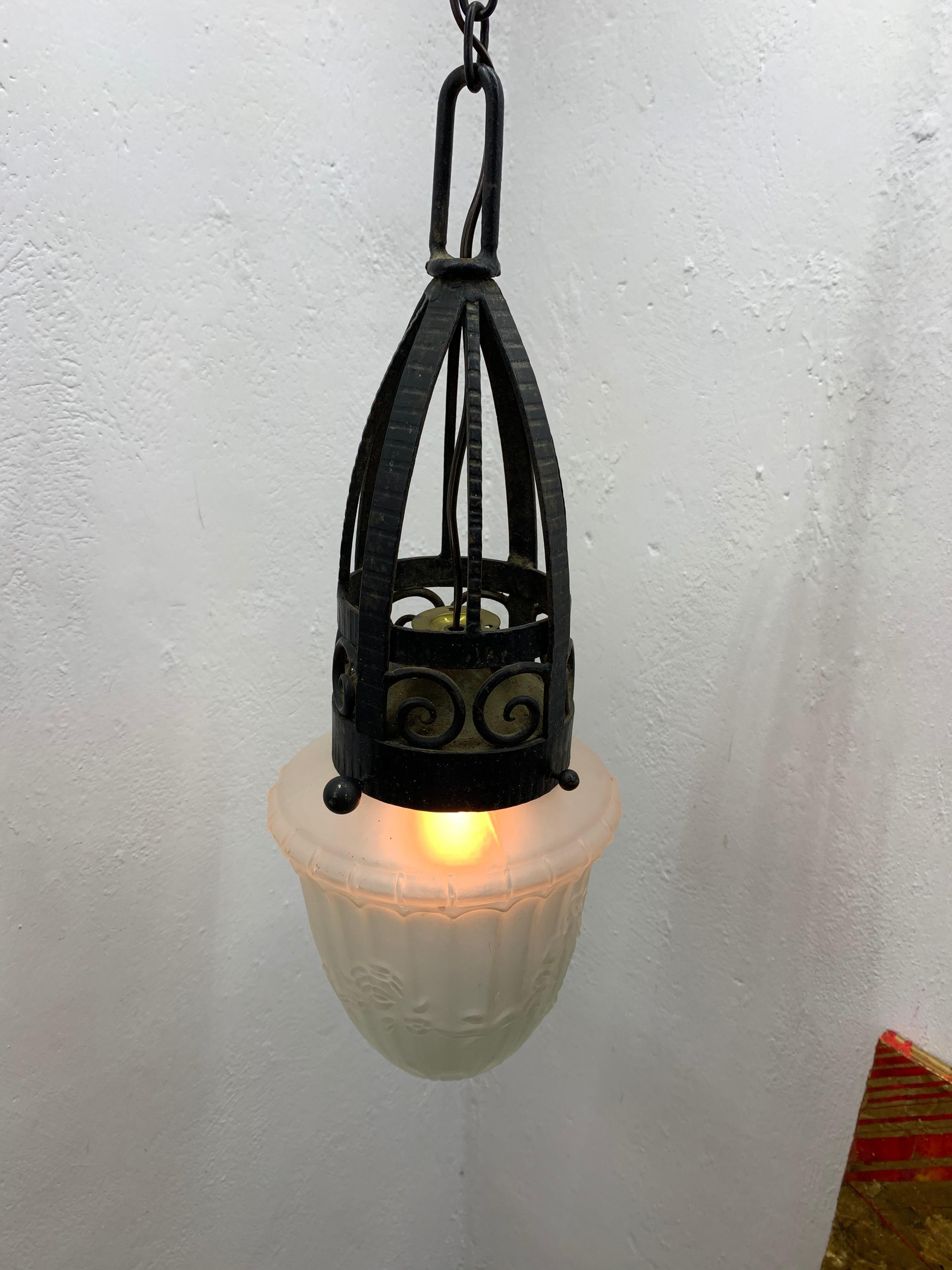 Hand-Crafted Art Deco Forged Iron and Pressed Glass Lantern ITSO Edgar Brandt, circa 1930 For Sale