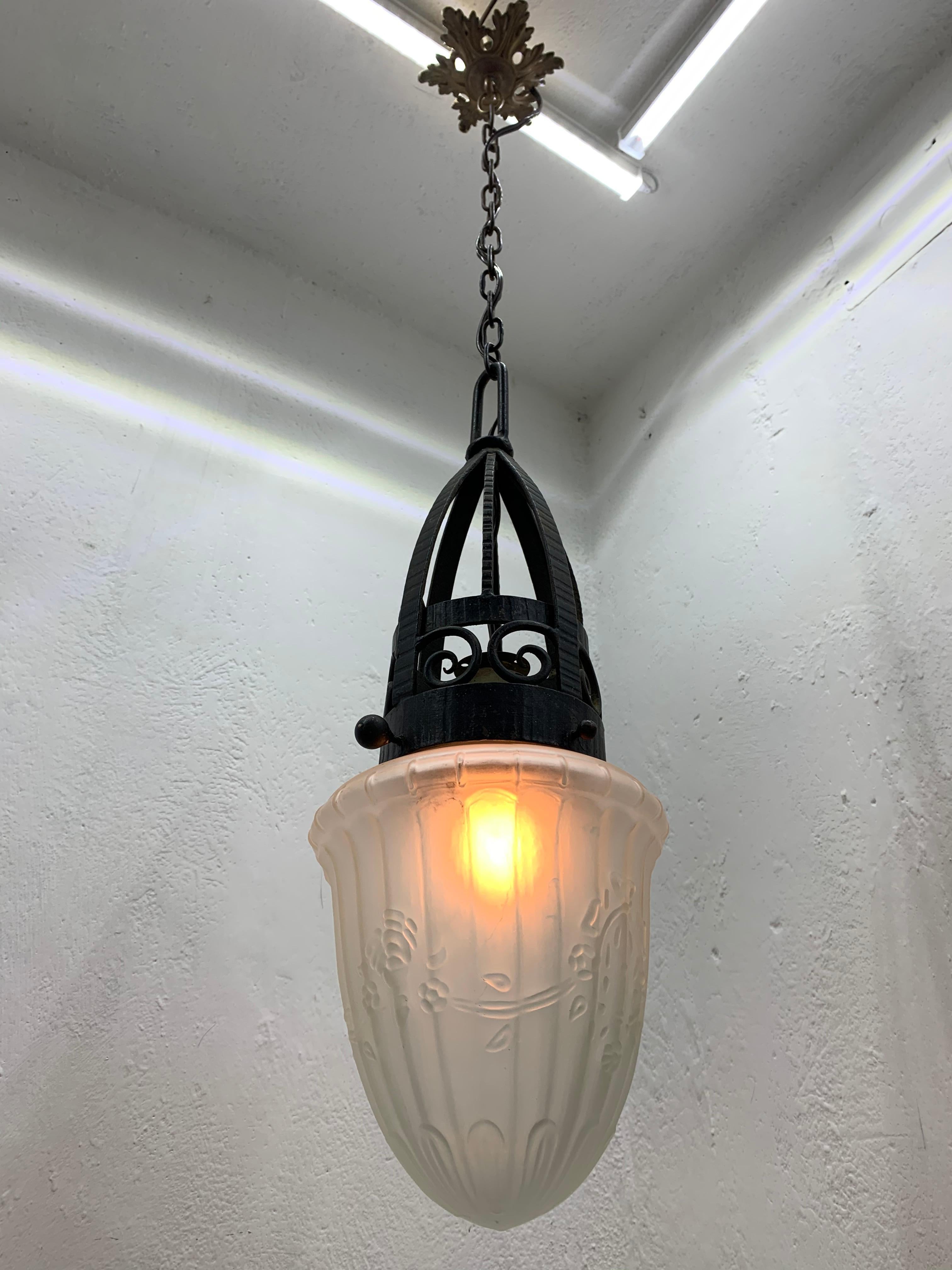 Art Glass Art Deco Forged Iron and Pressed Glass Lantern ITSO Edgar Brandt, circa 1930