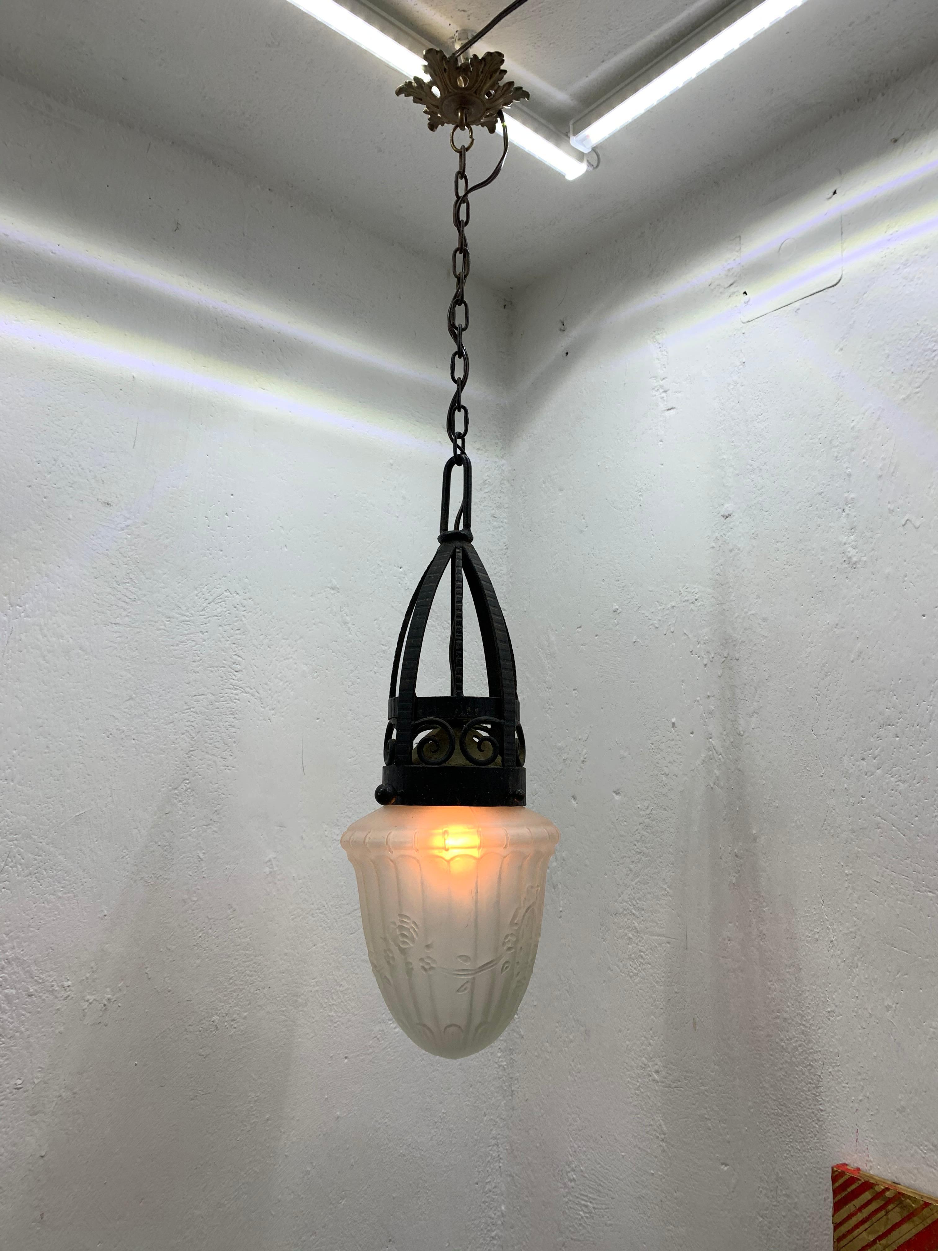 Art Deco Forged Iron and Pressed Glass Lantern ITSO Edgar Brandt, circa 1930 1