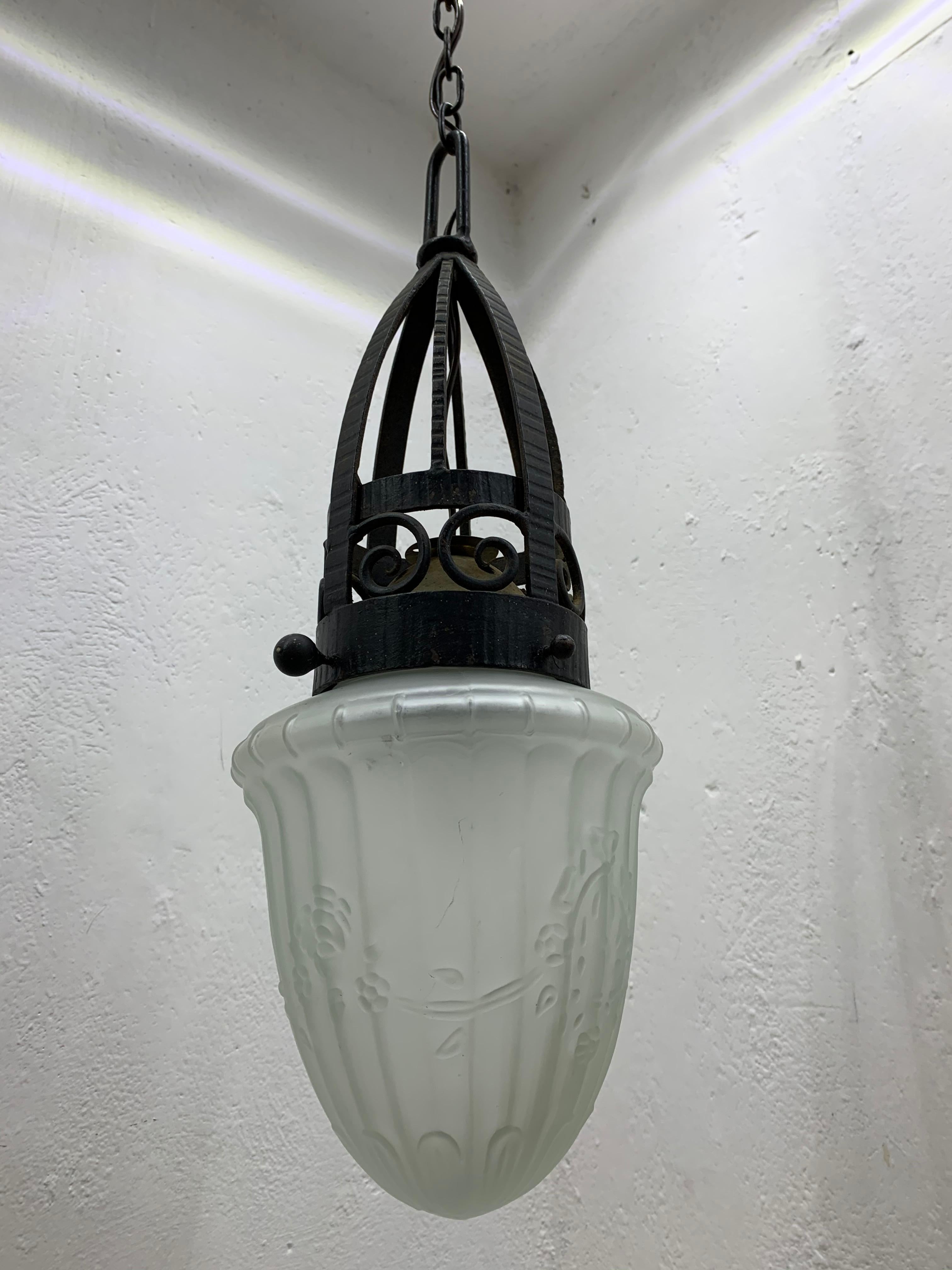 Art Deco Forged Iron and Pressed Glass Lantern ITSO Edgar Brandt, circa 1930 2