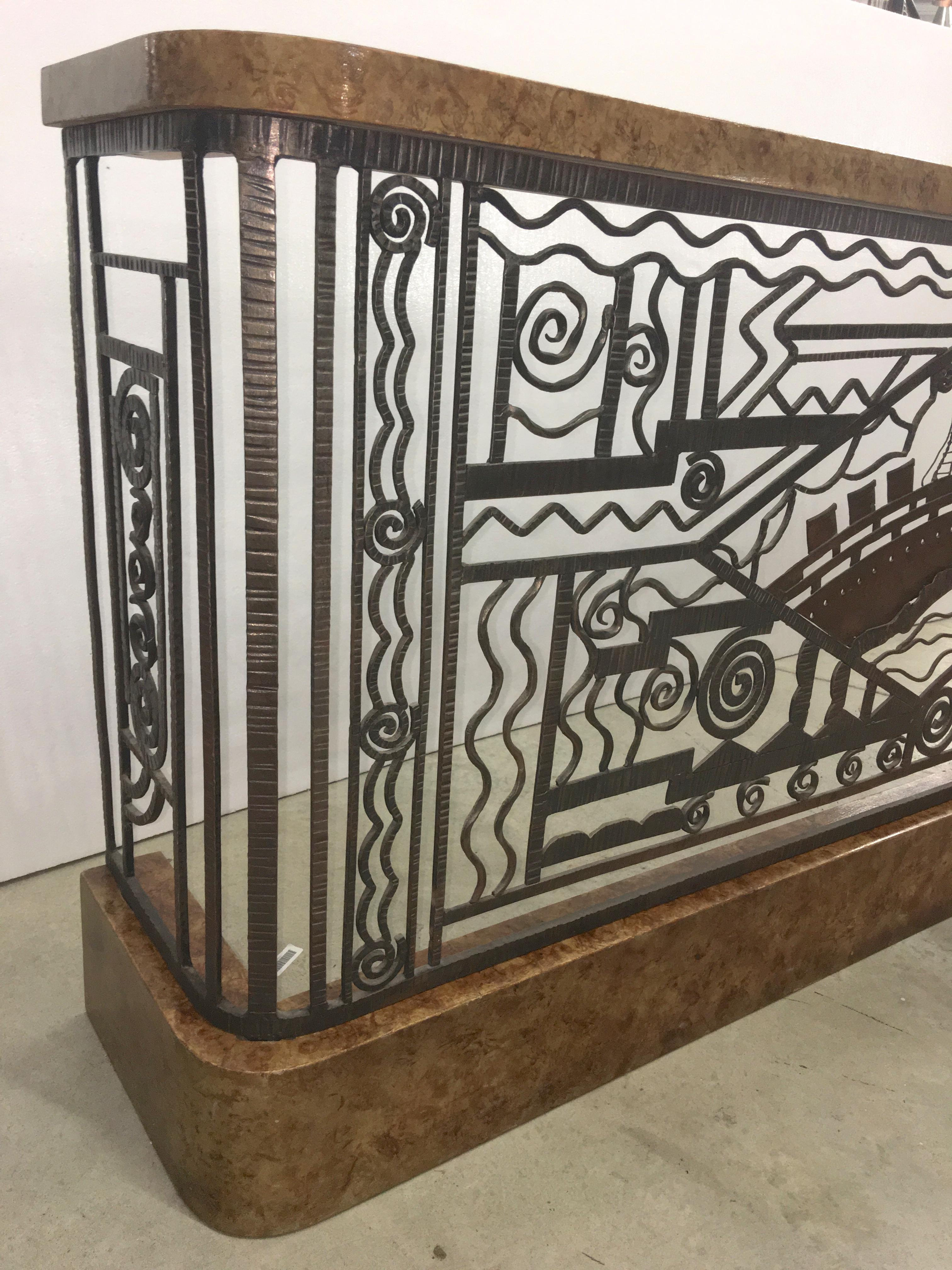 Wrought Iron Art Deco Forged Steel and Burl Console with Ocean Liner Motif